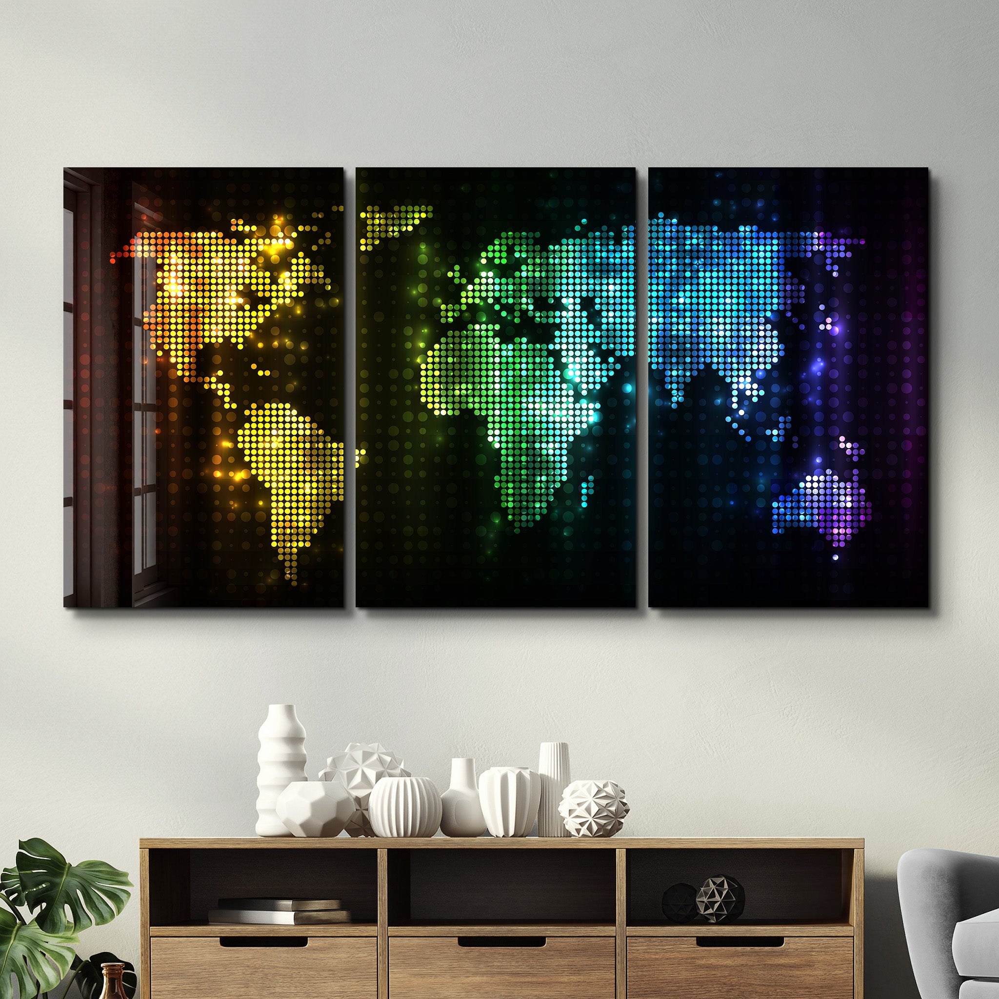 ・„World Map Dot Design – Trio“・<tc>Glasbild</tc>