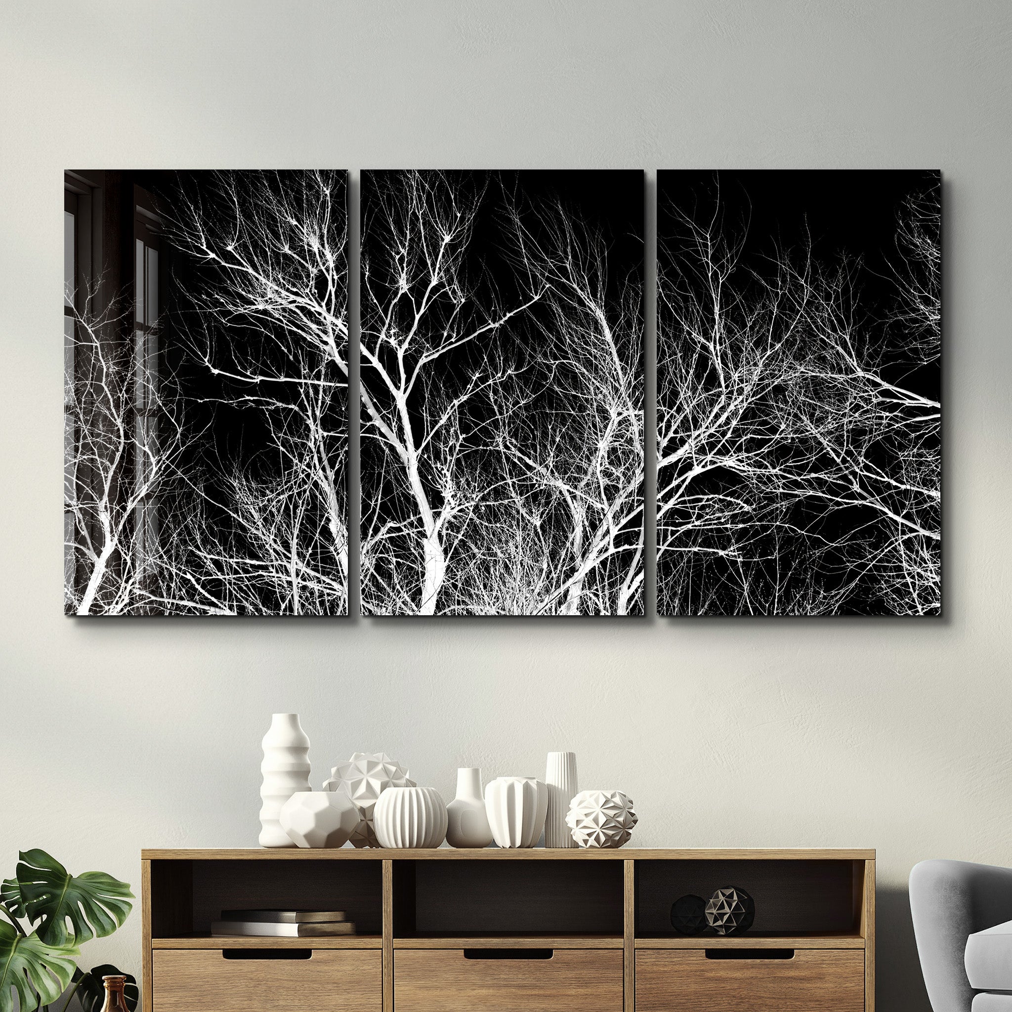 ・"Branches séchées noires et blanches - Trio"・Art mural en verre