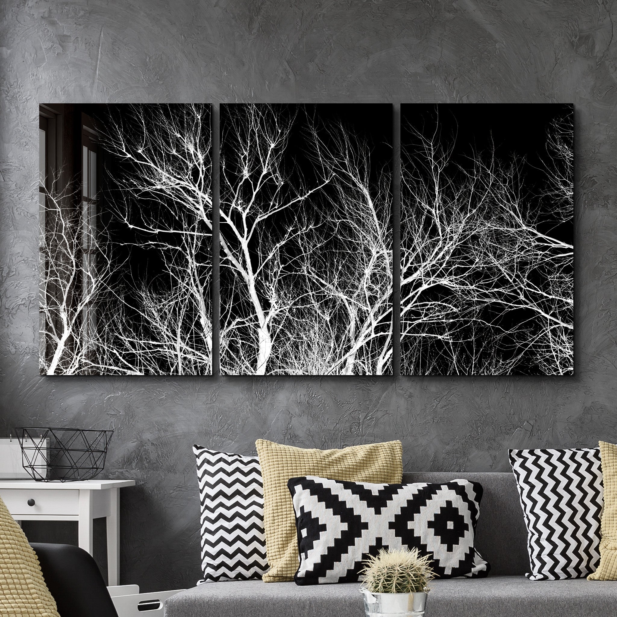 ・"Branches séchées noires et blanches - Trio"・Art mural en verre