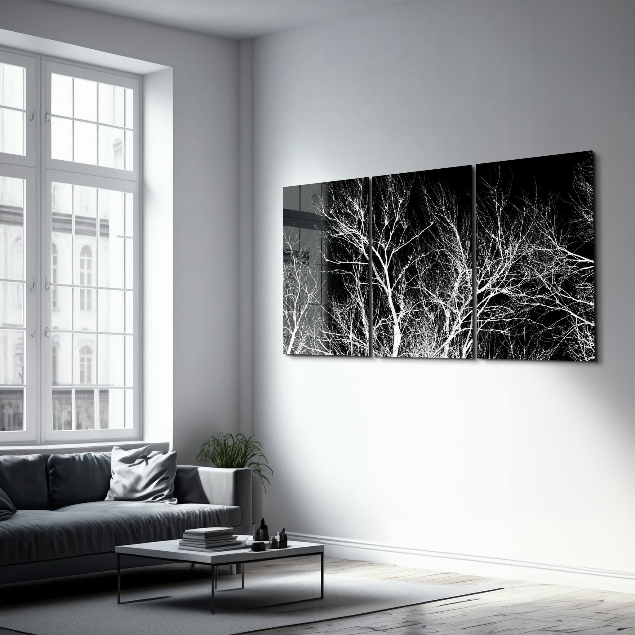 ・"Branches séchées noires et blanches - Trio"・Art mural en verre