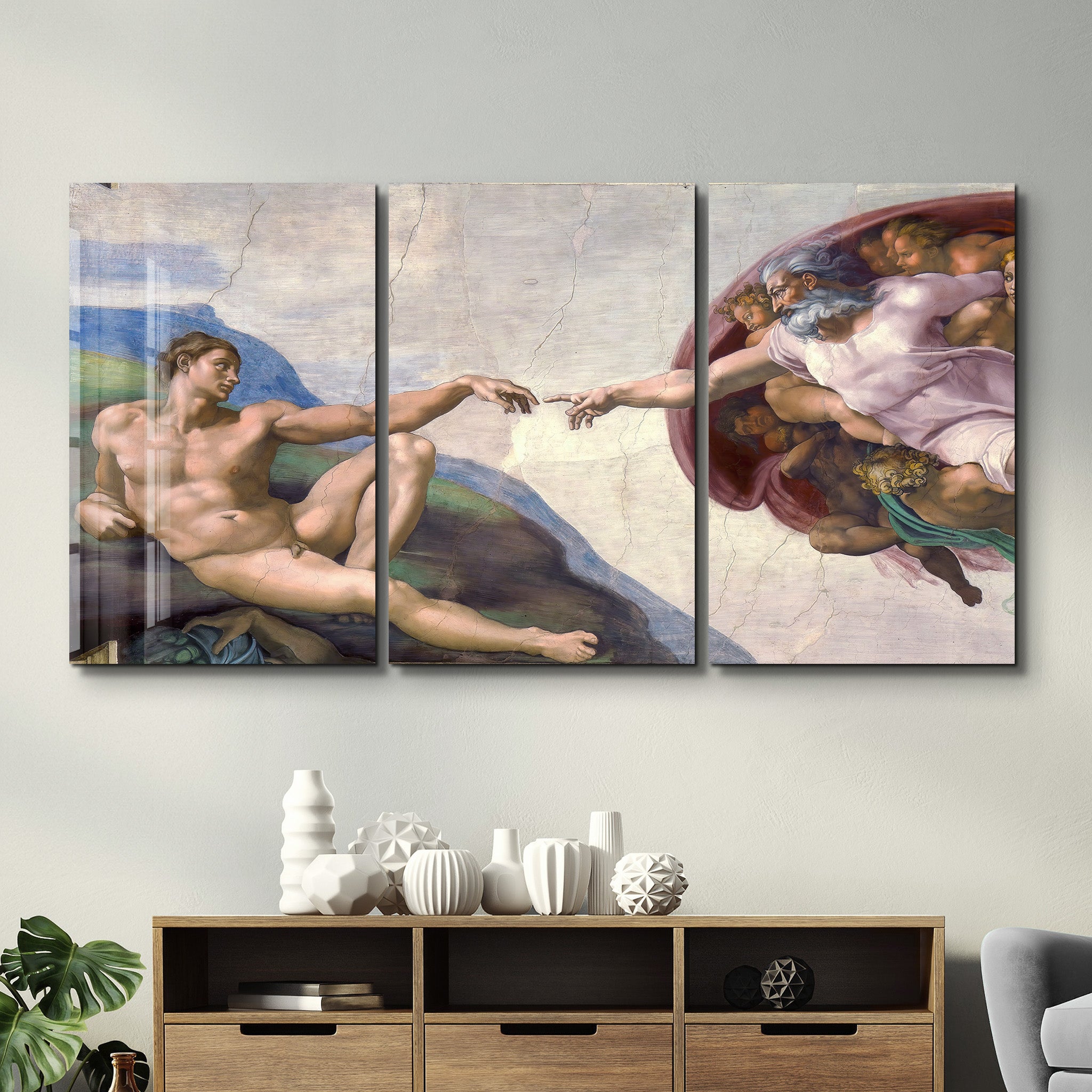 ・„Michelangelo – Die Erschaffung Adams – Trio“・<tc>Glasbild</tc>