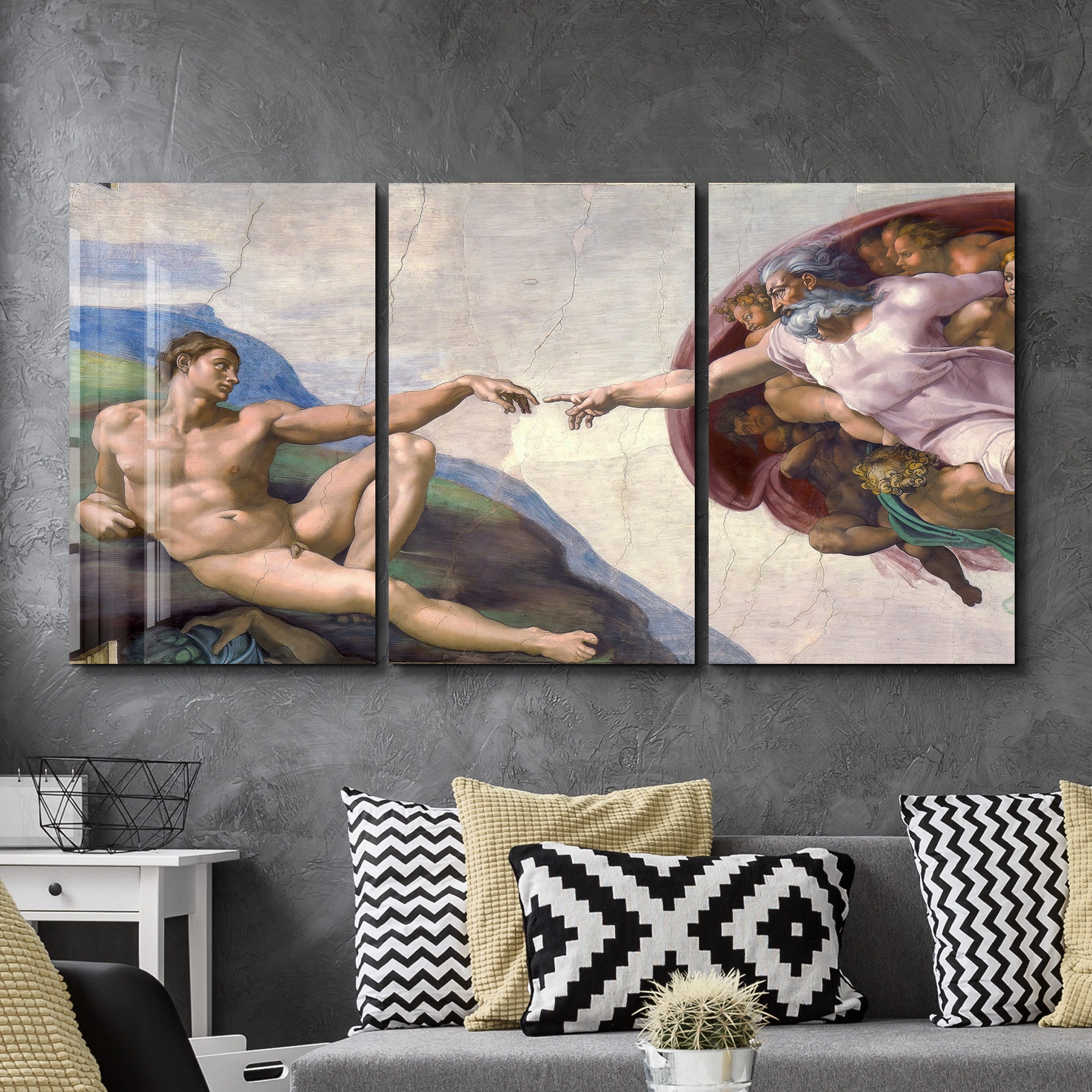 ・„Michelangelo – Die Erschaffung Adams – Trio“・<tc>Glasbild</tc>