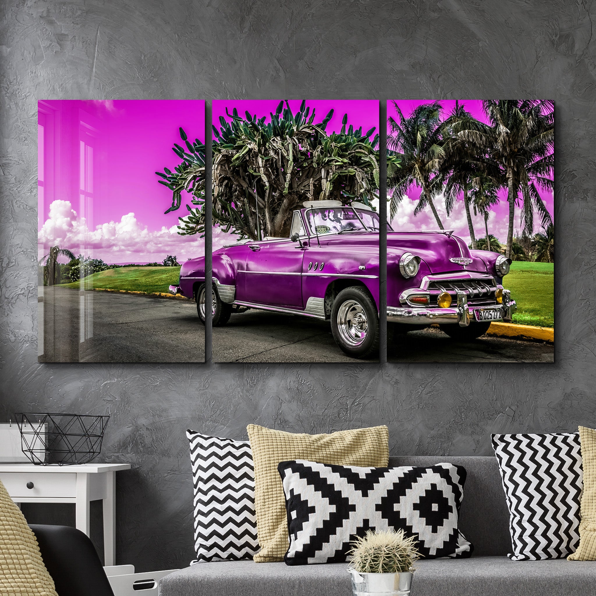 ・"Pink Chevy - Trio"・Glass Wall Art