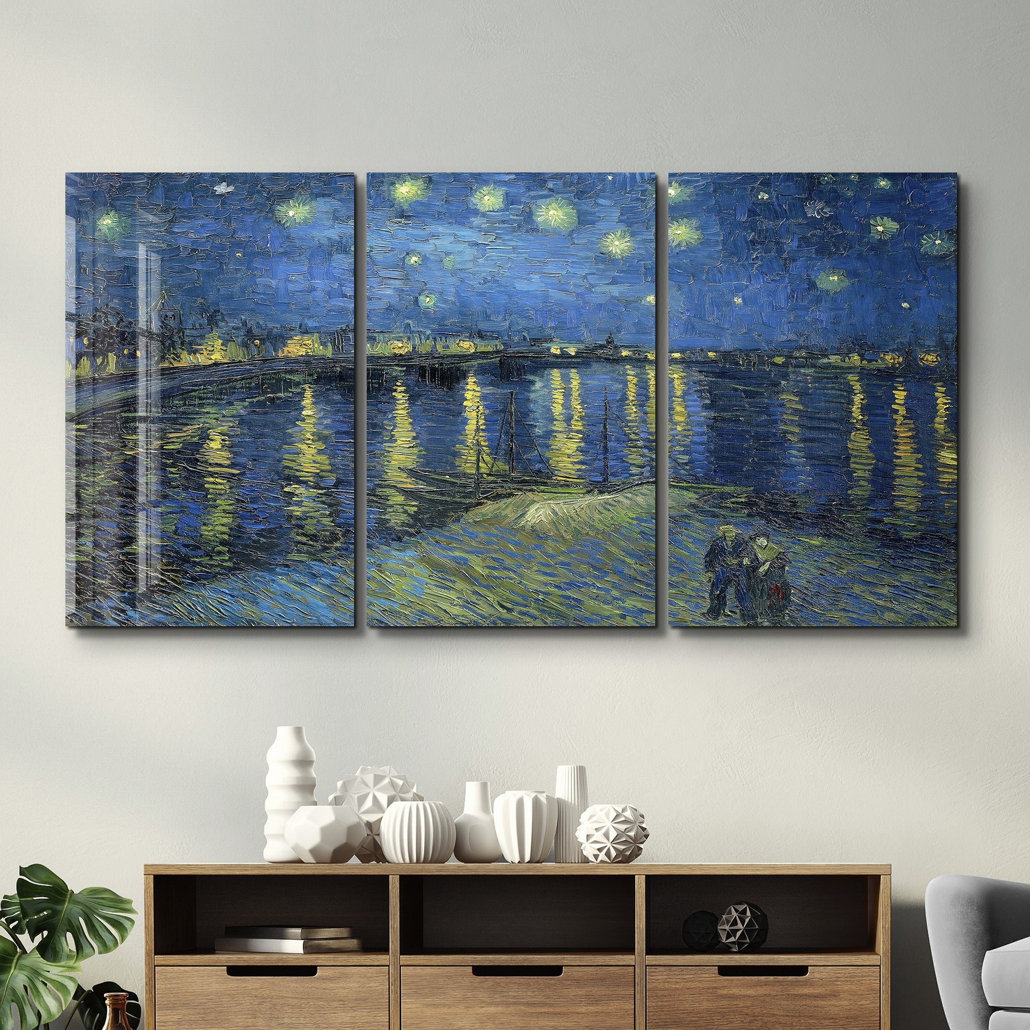 ・„Van Gogh Sternennacht über Rhône – Trio“・<tc>Glasbild</tc>