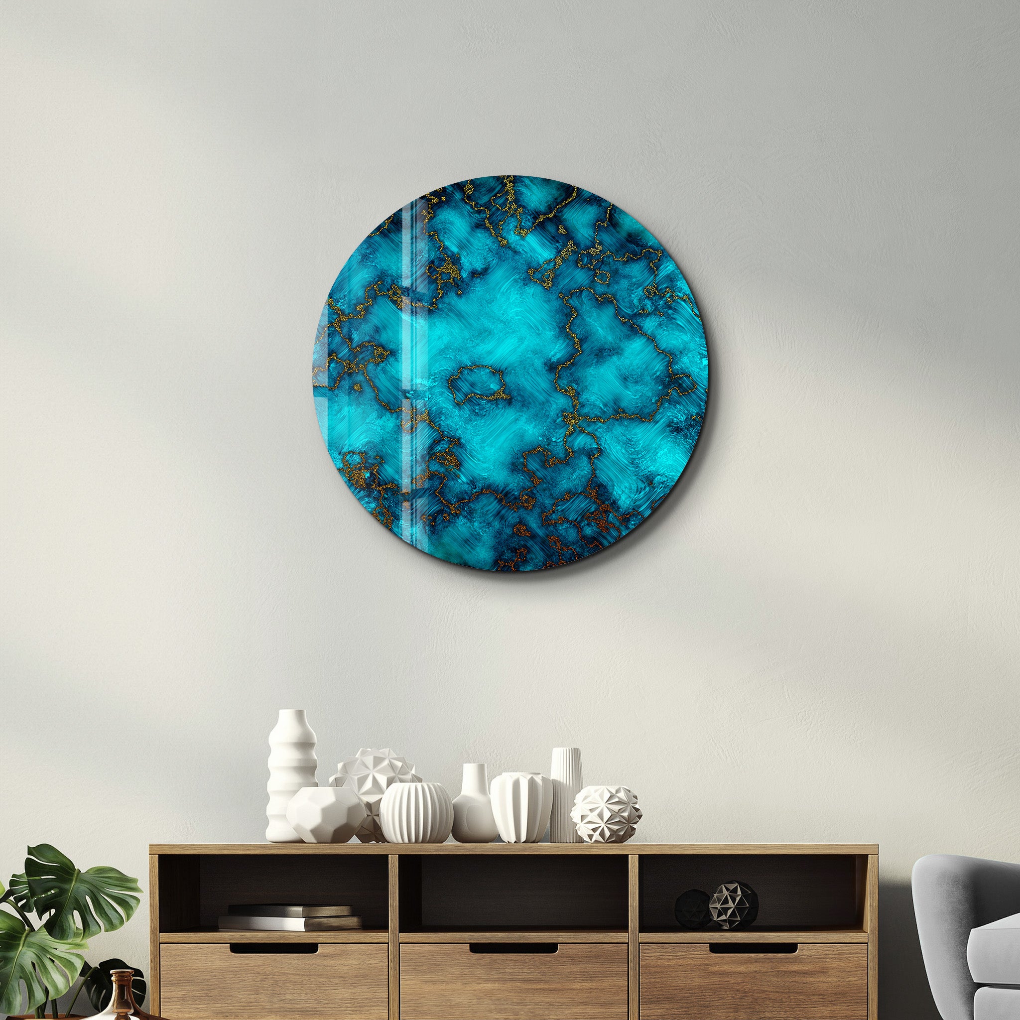 ・"Gold on Blue Abstract"・Rounded Glass Wall Art