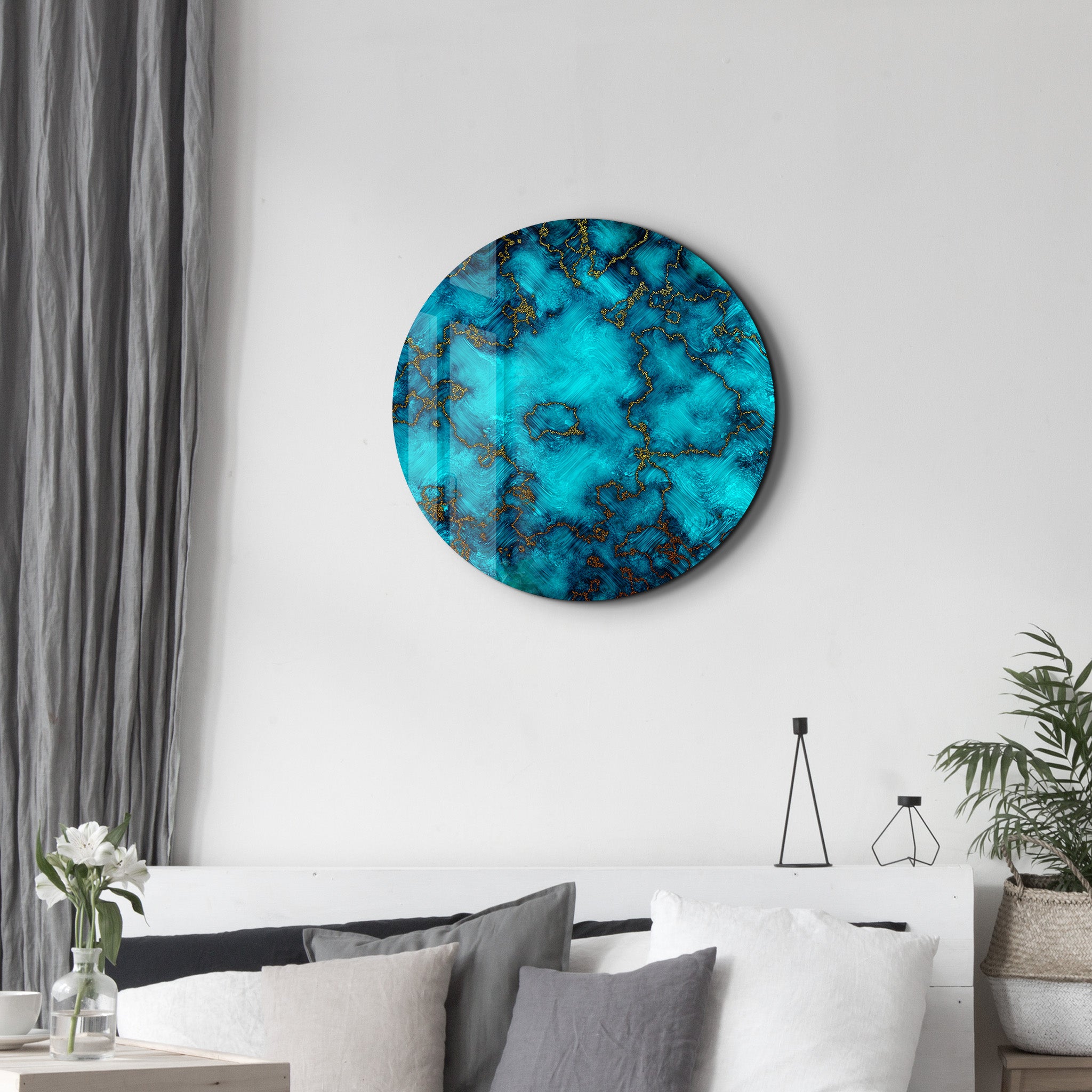 ・« Or sur bleu abstrait »・Art mural en verre arrondi