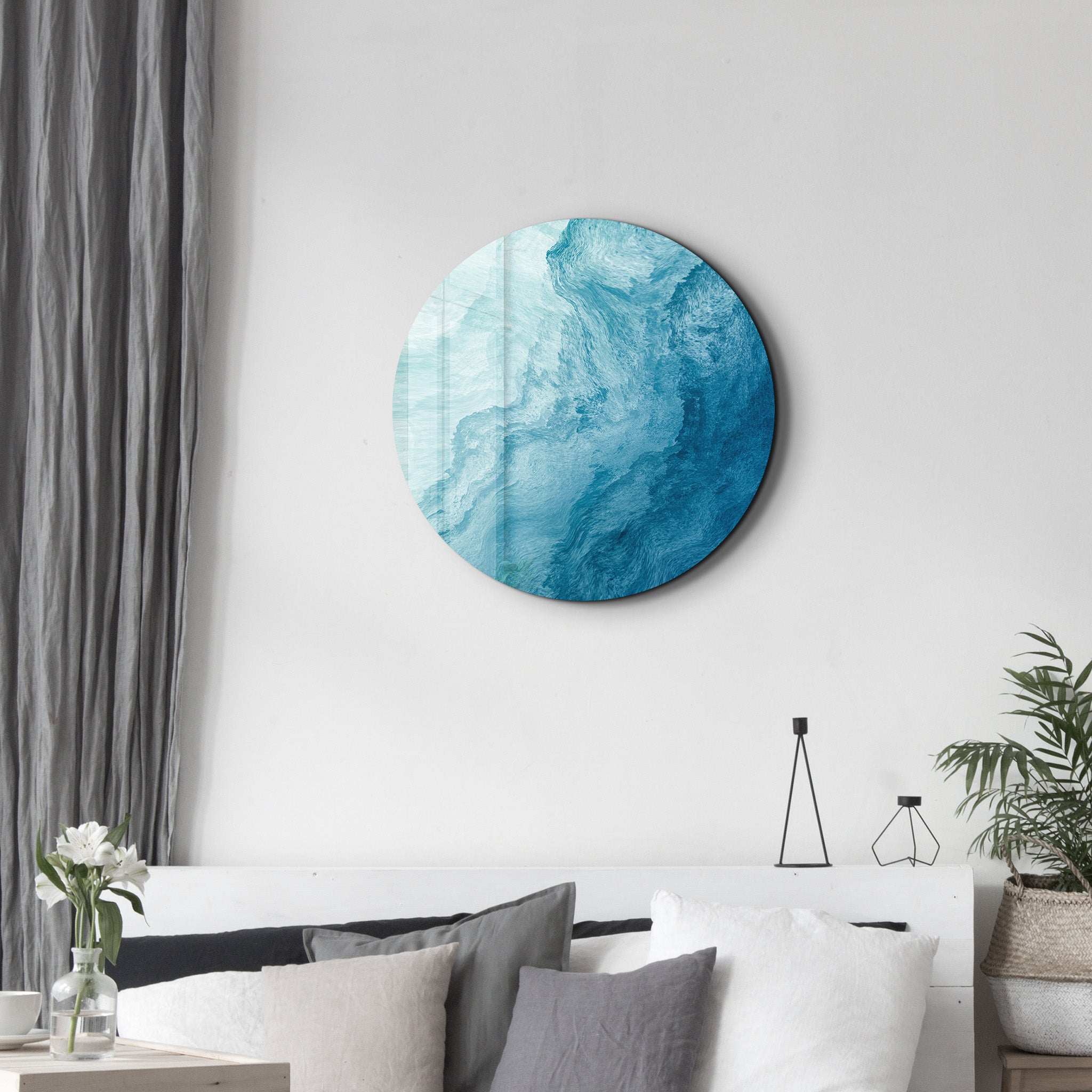 ・"Blue Paint Waves"・Rounded Glass Wall Art