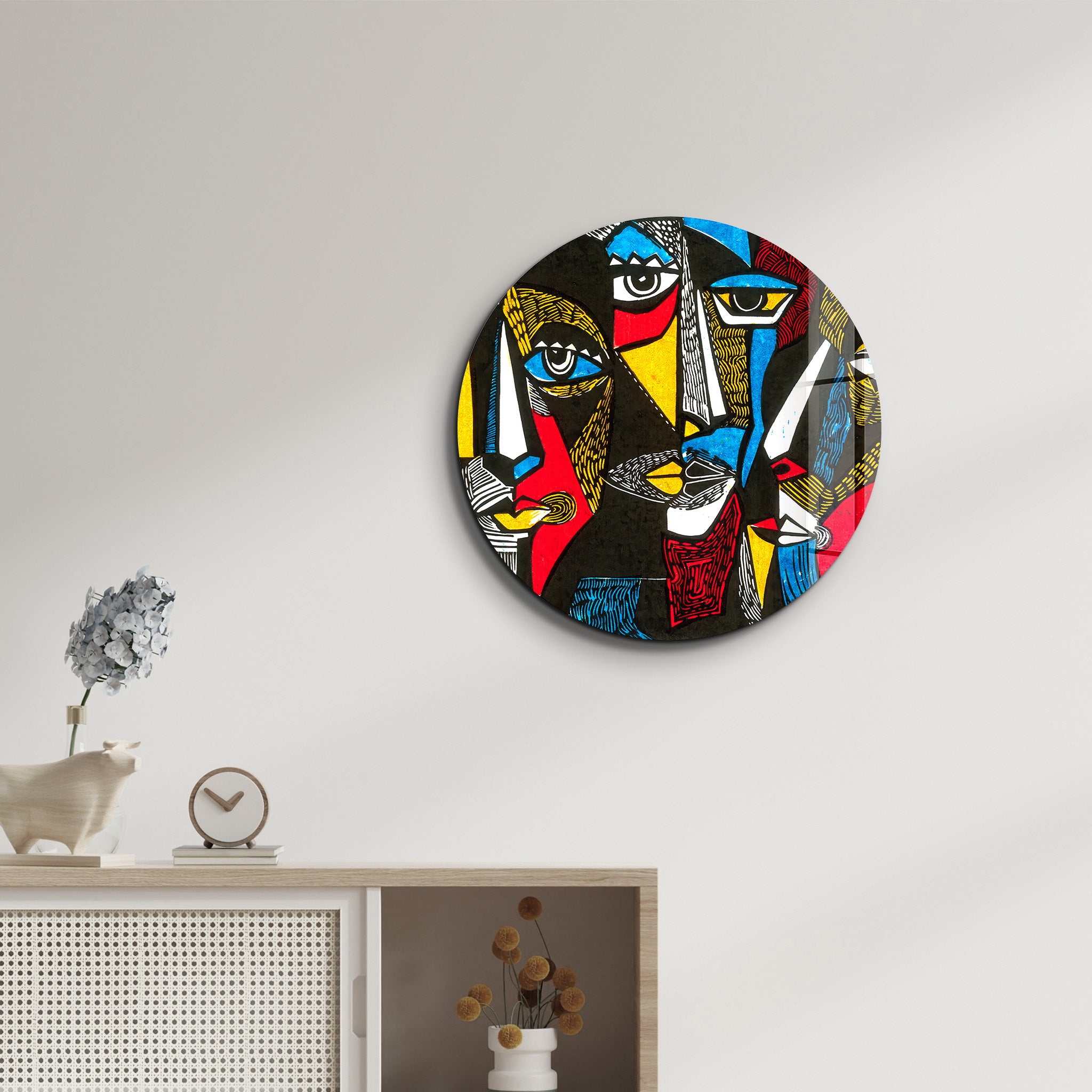 ・"African Faces Colorful"・Rounded Glass Wall Art