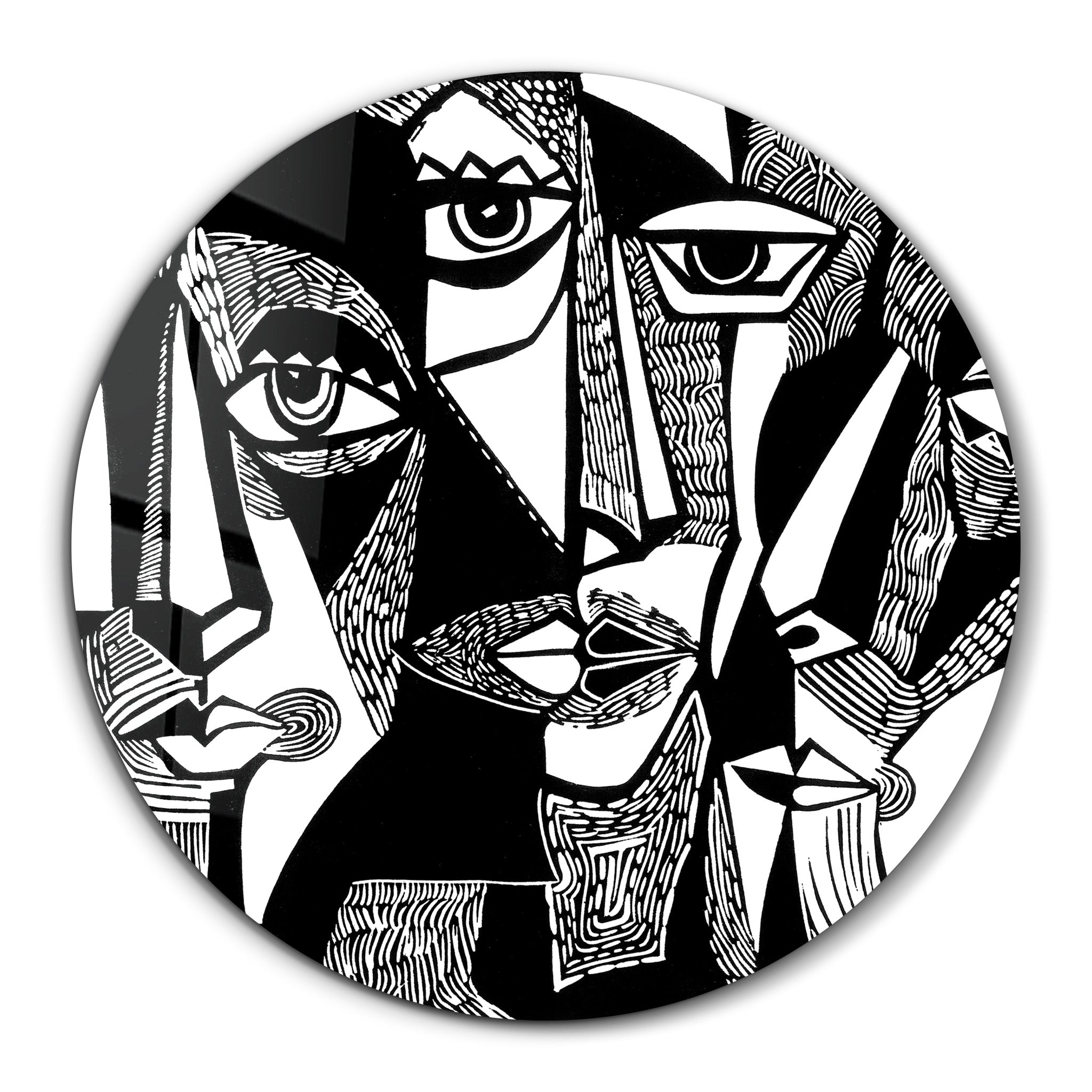 ・"African Faces Black and White"・Rounded Glass Wall Art