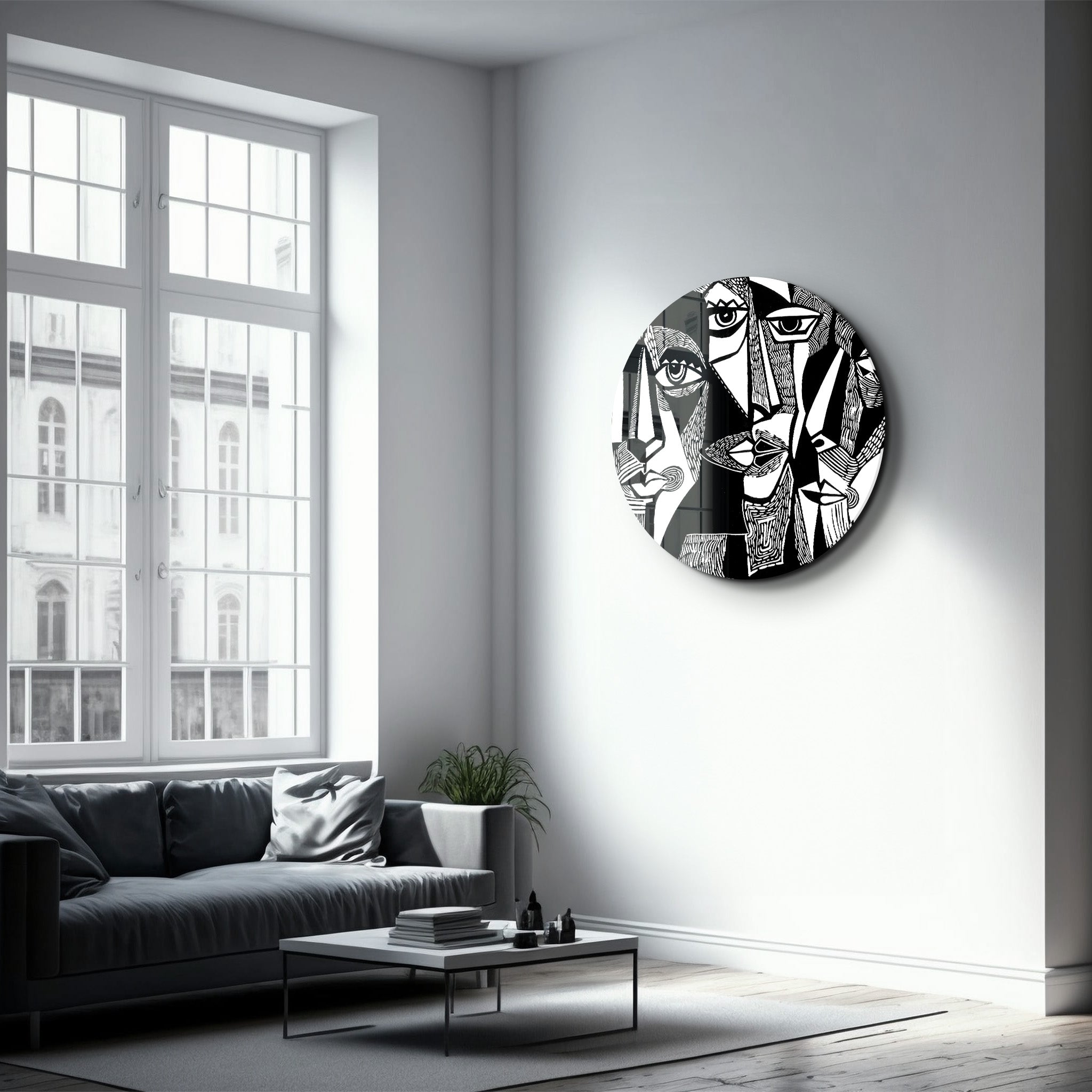 ・"African Faces Black and White"・Rounded Glass Wall Art