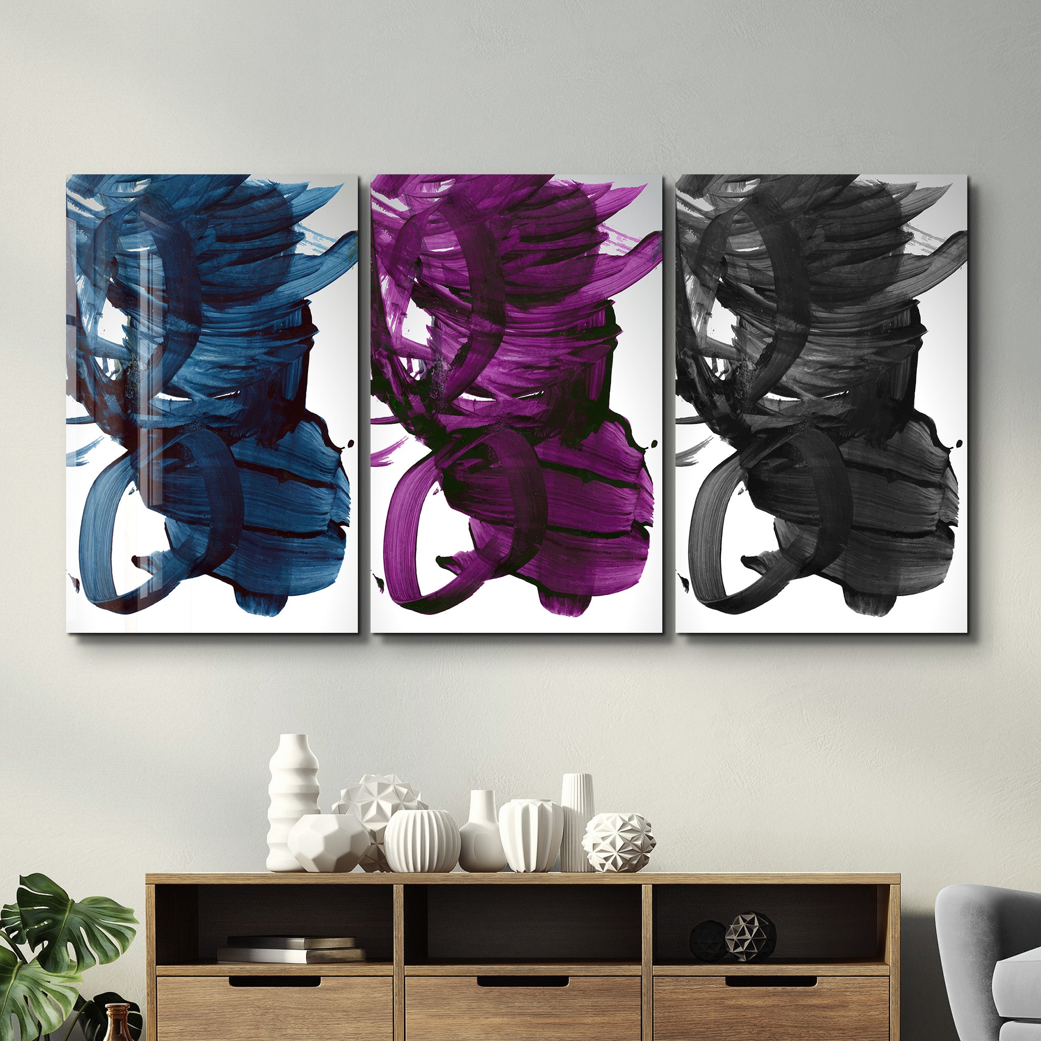 ・"Abstract Brush Strokes - Trio"・Glass Wall Art