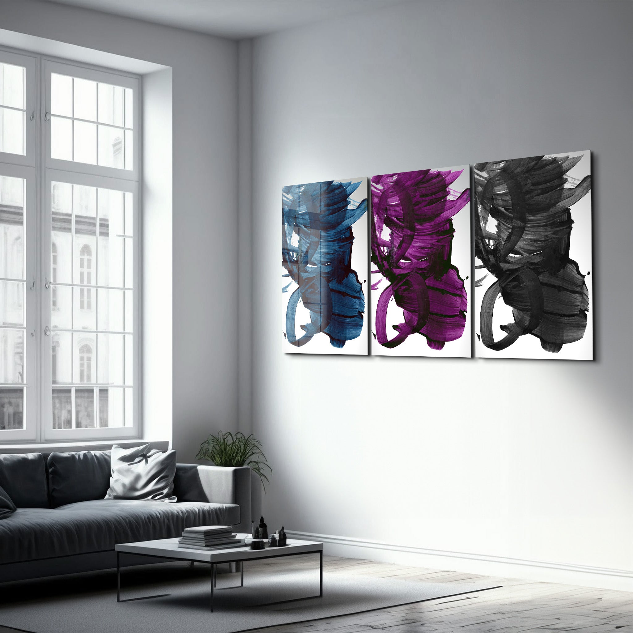 ・"Abstract Brush Strokes - Trio"・Glass Wall Art