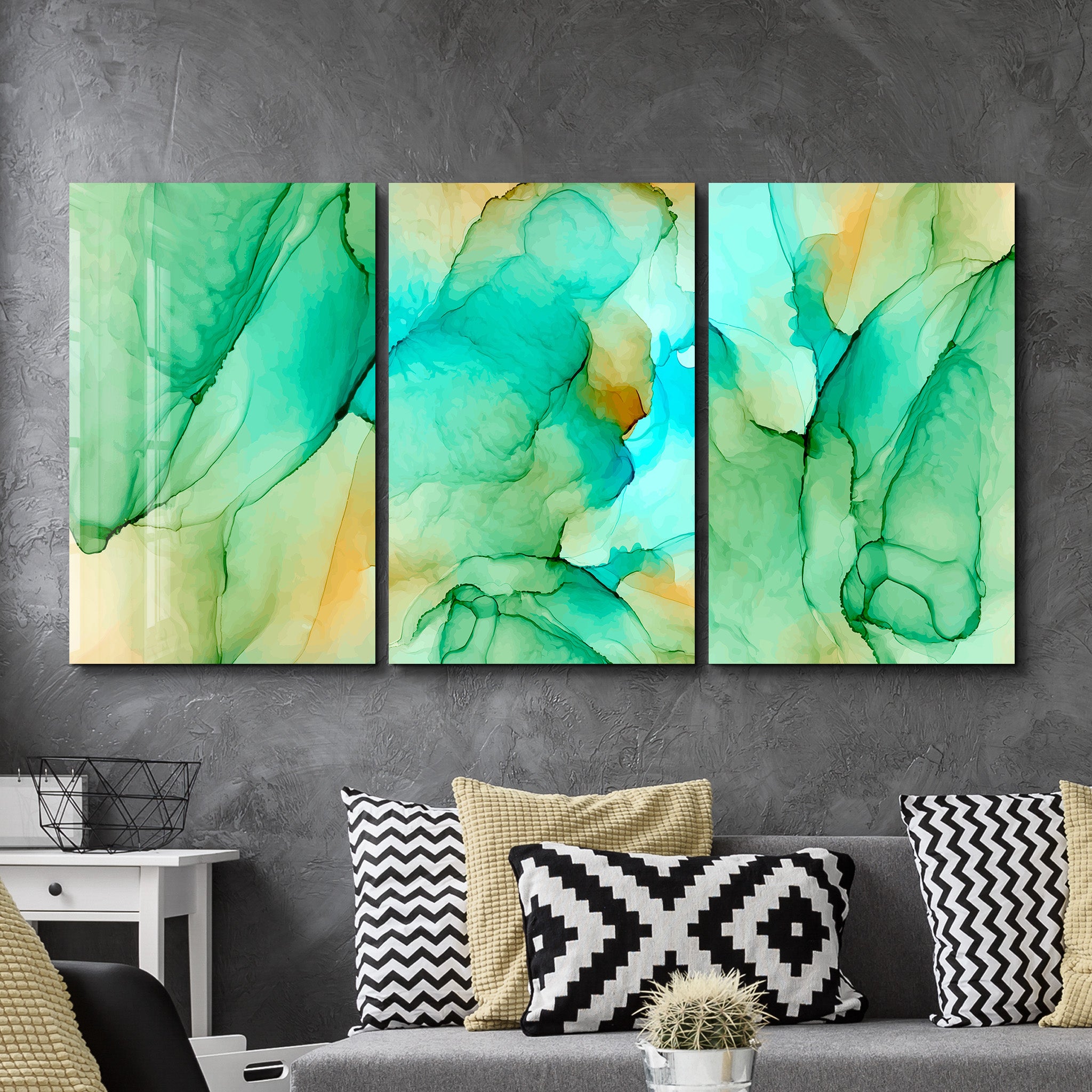 ・"Greenish - Trio"・Glass Wall Art