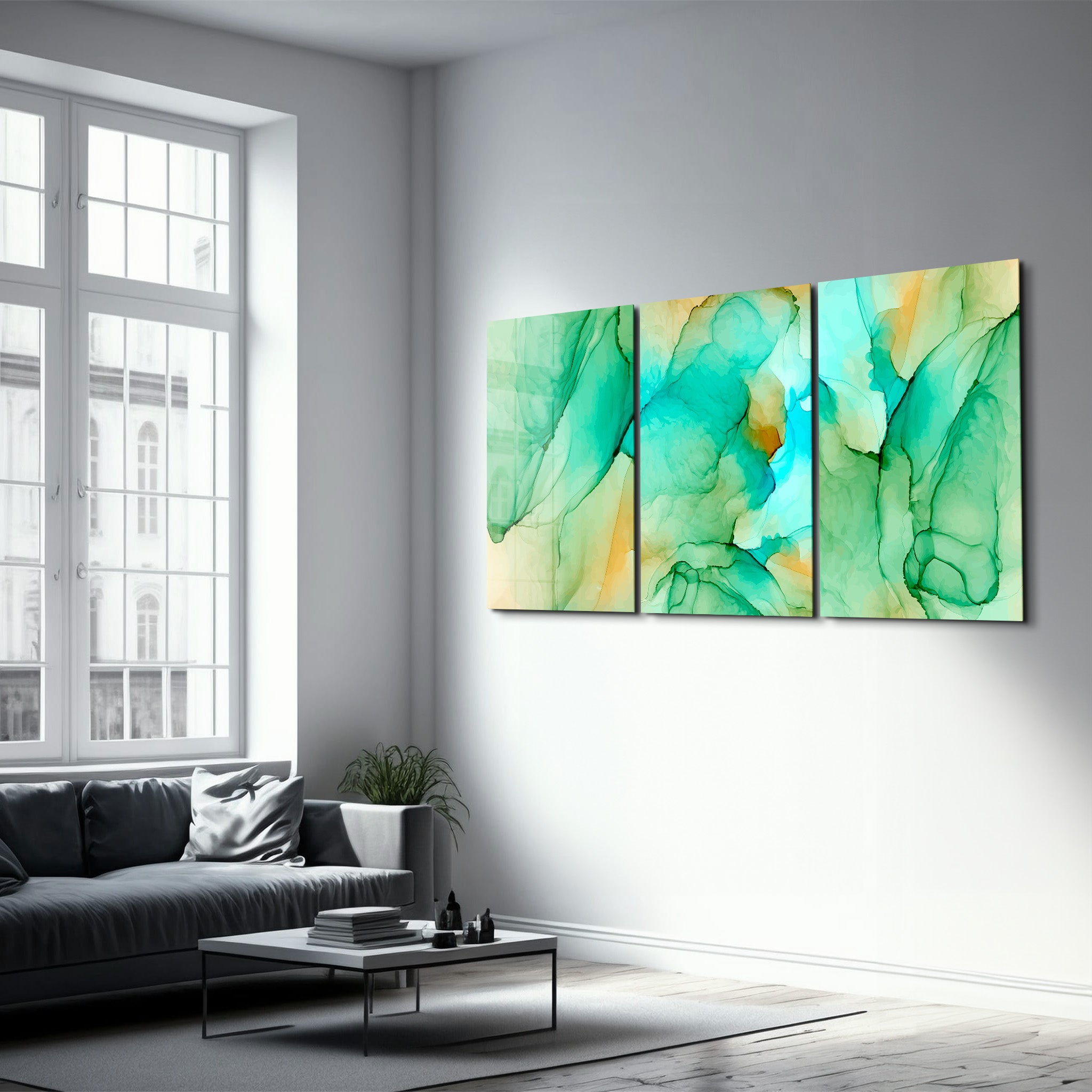 ・"Greenish - Trio"・Glass Wall Art