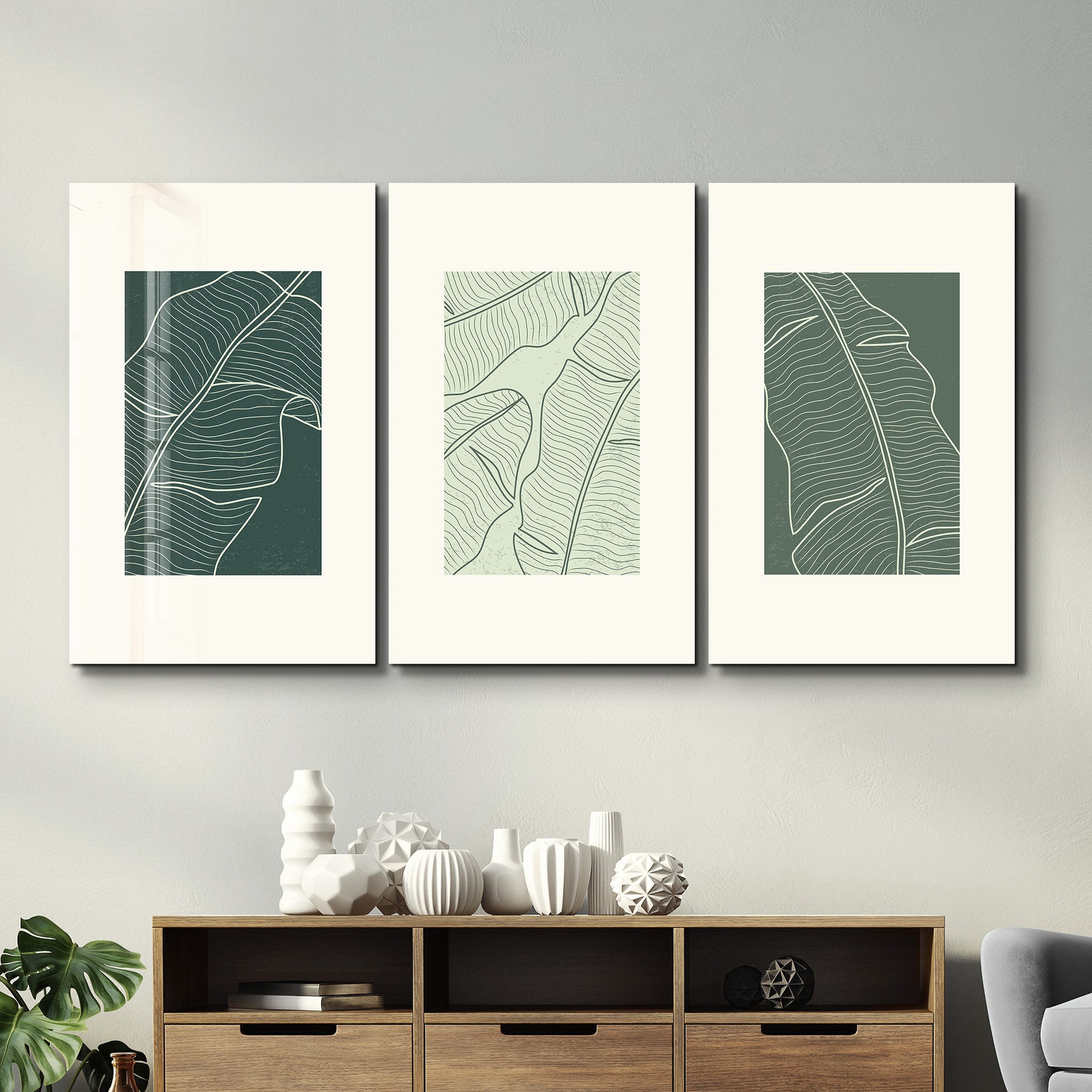 ・"Tropical Leaves - Trio"・Glass Wall Art