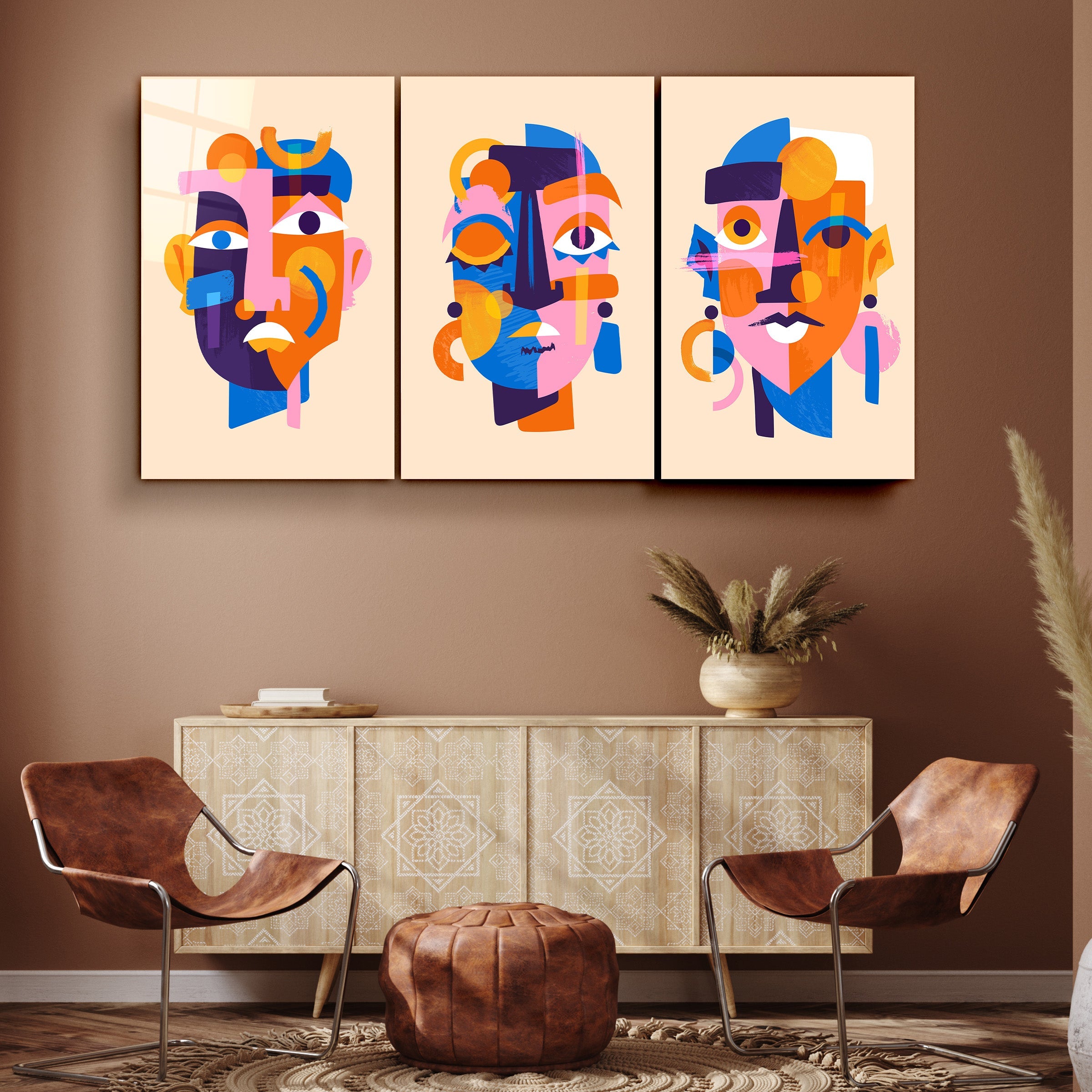 ・"Visages africains abstraits - Trio"・Art mural en verre