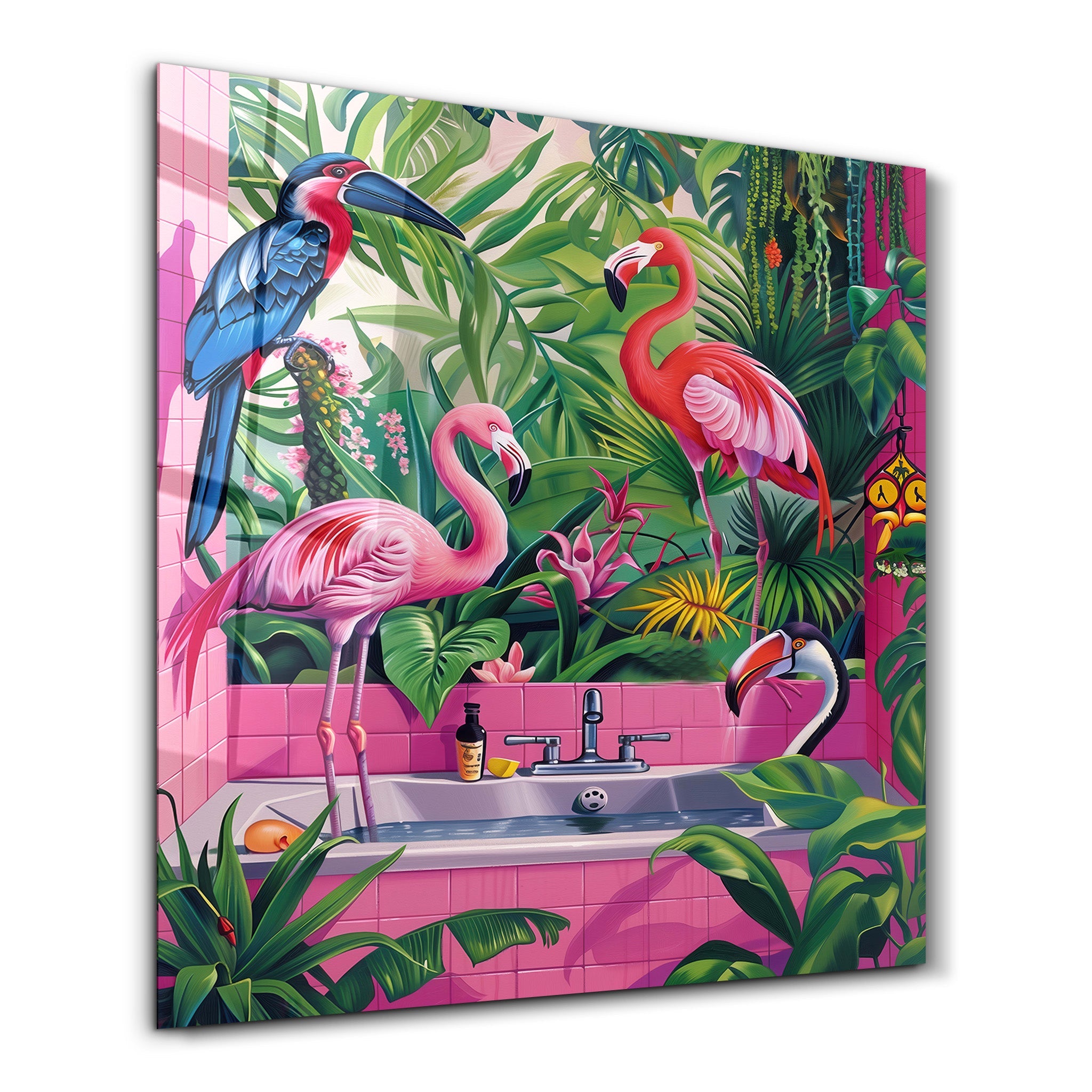 Tropical Bathroom and Flamingos | Glass Wall Art