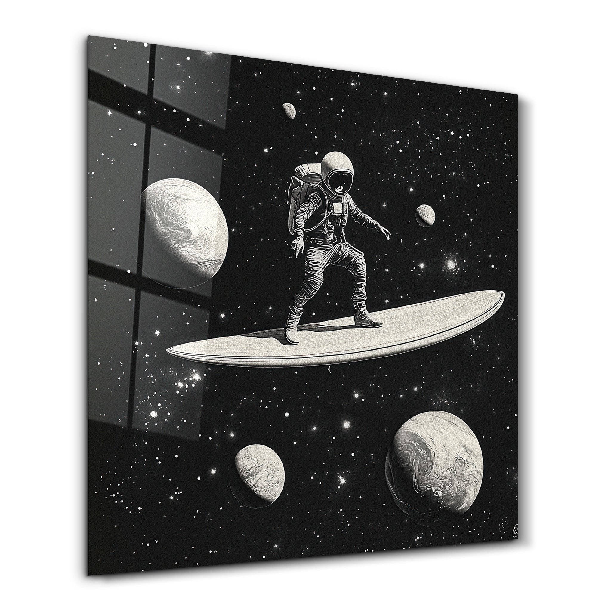 Surfing in the Space B&W | Glass Wall Art