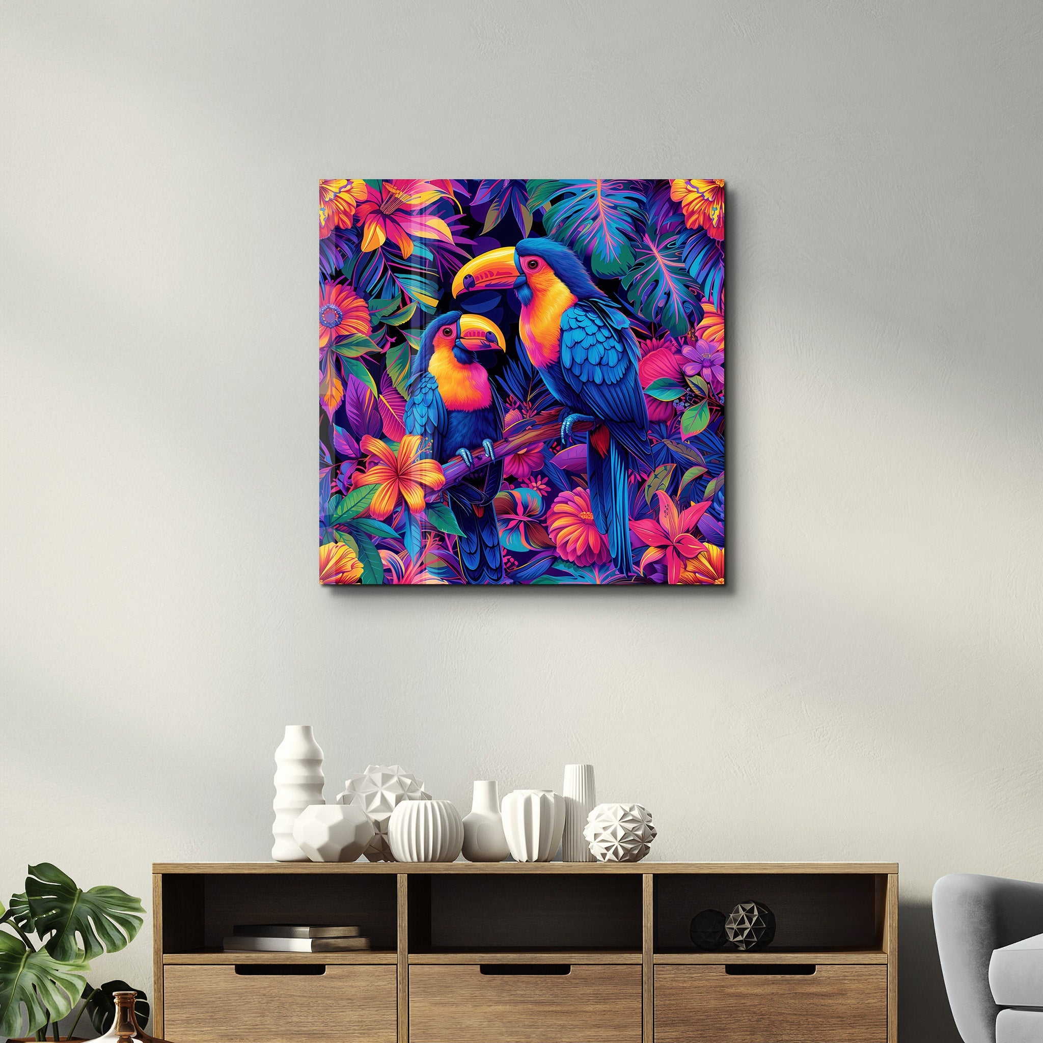 Rainbow Parrots | Glass Wall Art