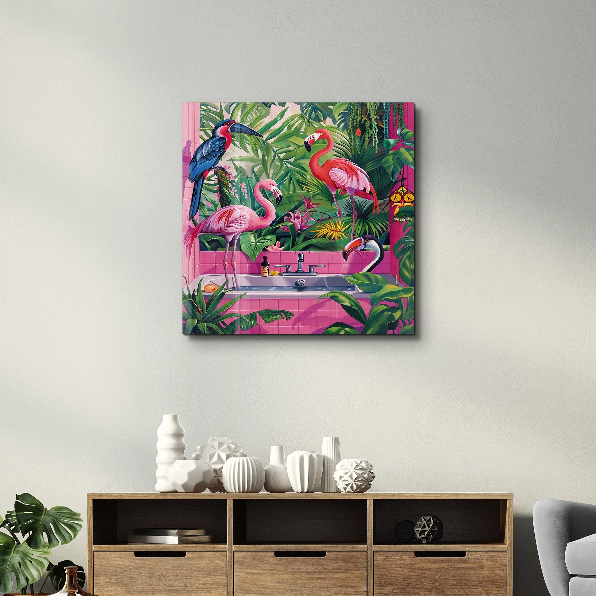 Tropical Bathroom and Flamingos | Glass Wall Art