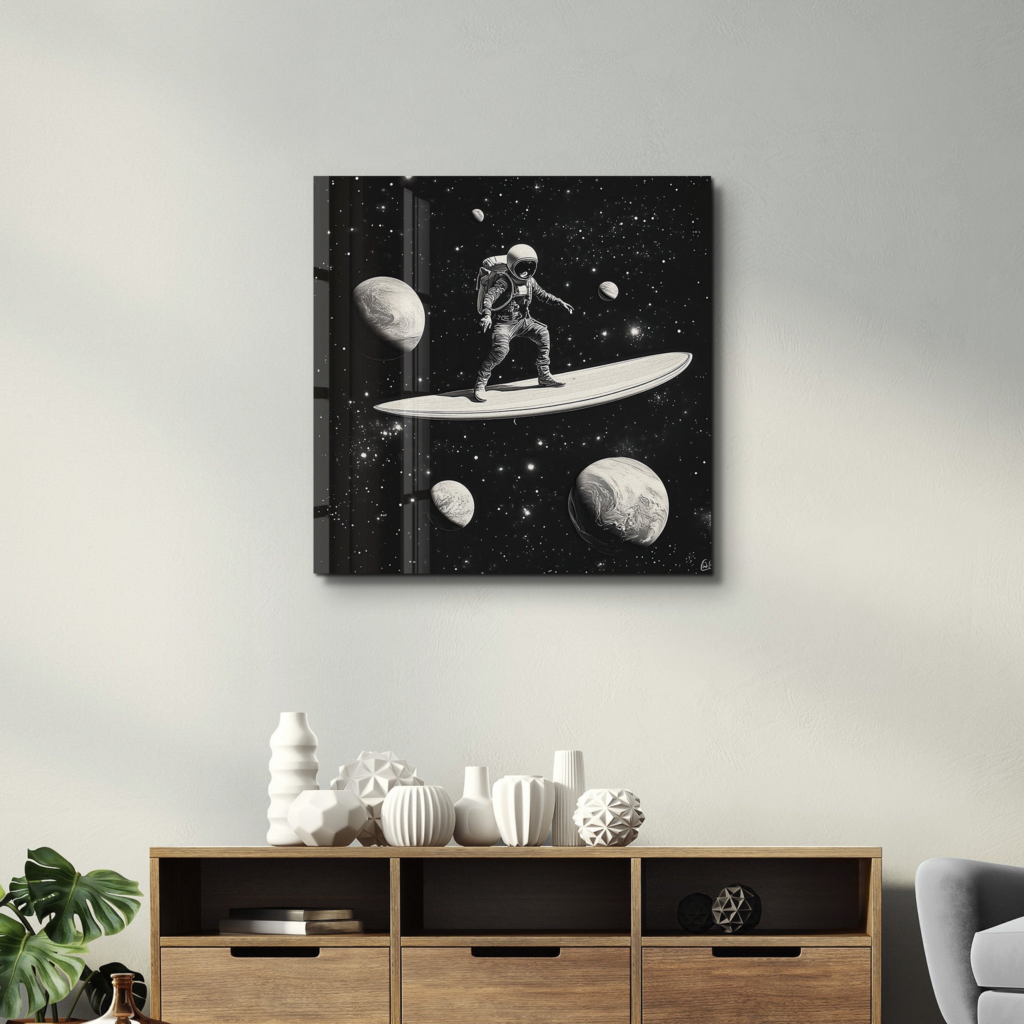 Surfing in the Space B&W | Glass Wall Art