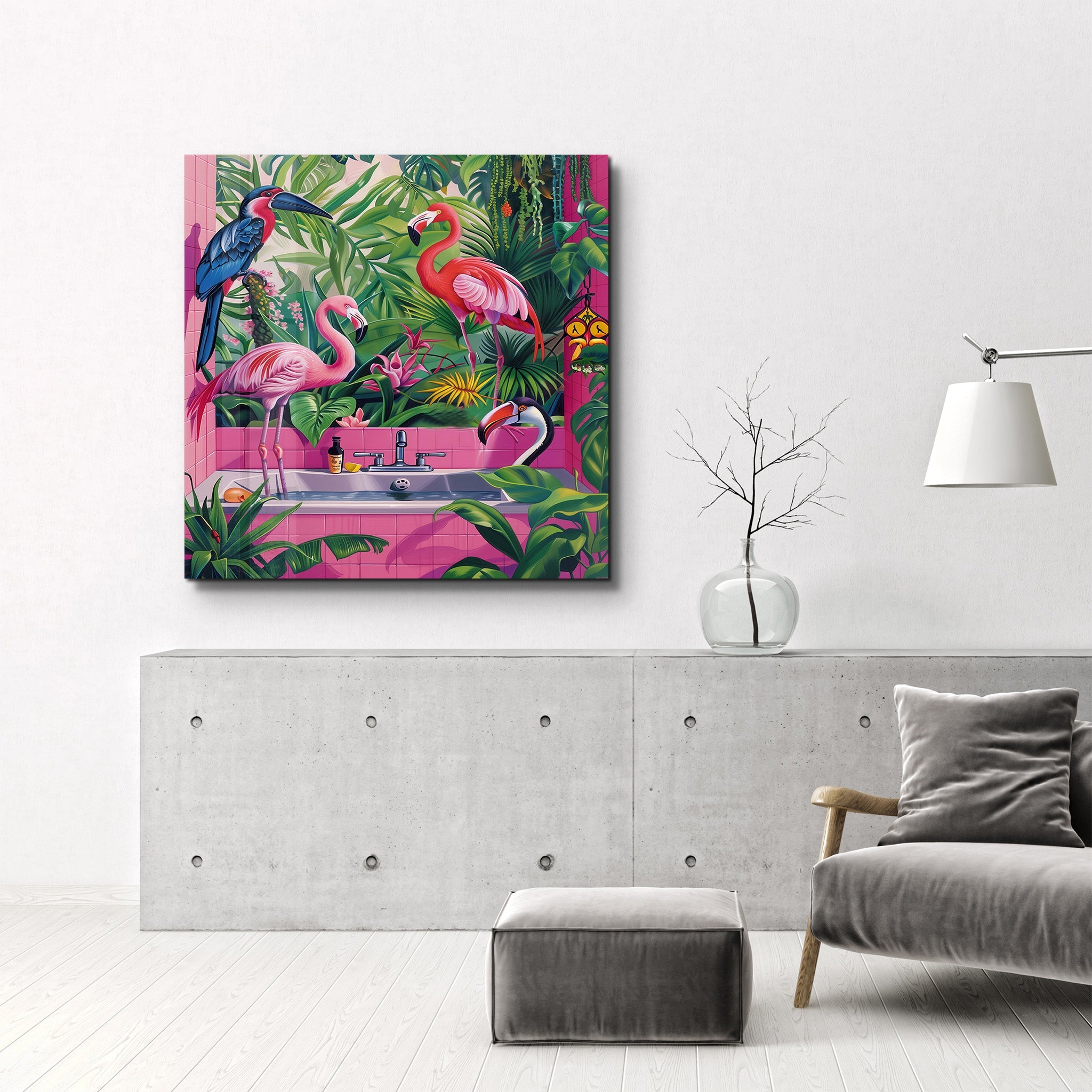 Tropical Bathroom and Flamingos | Glass Wall Art