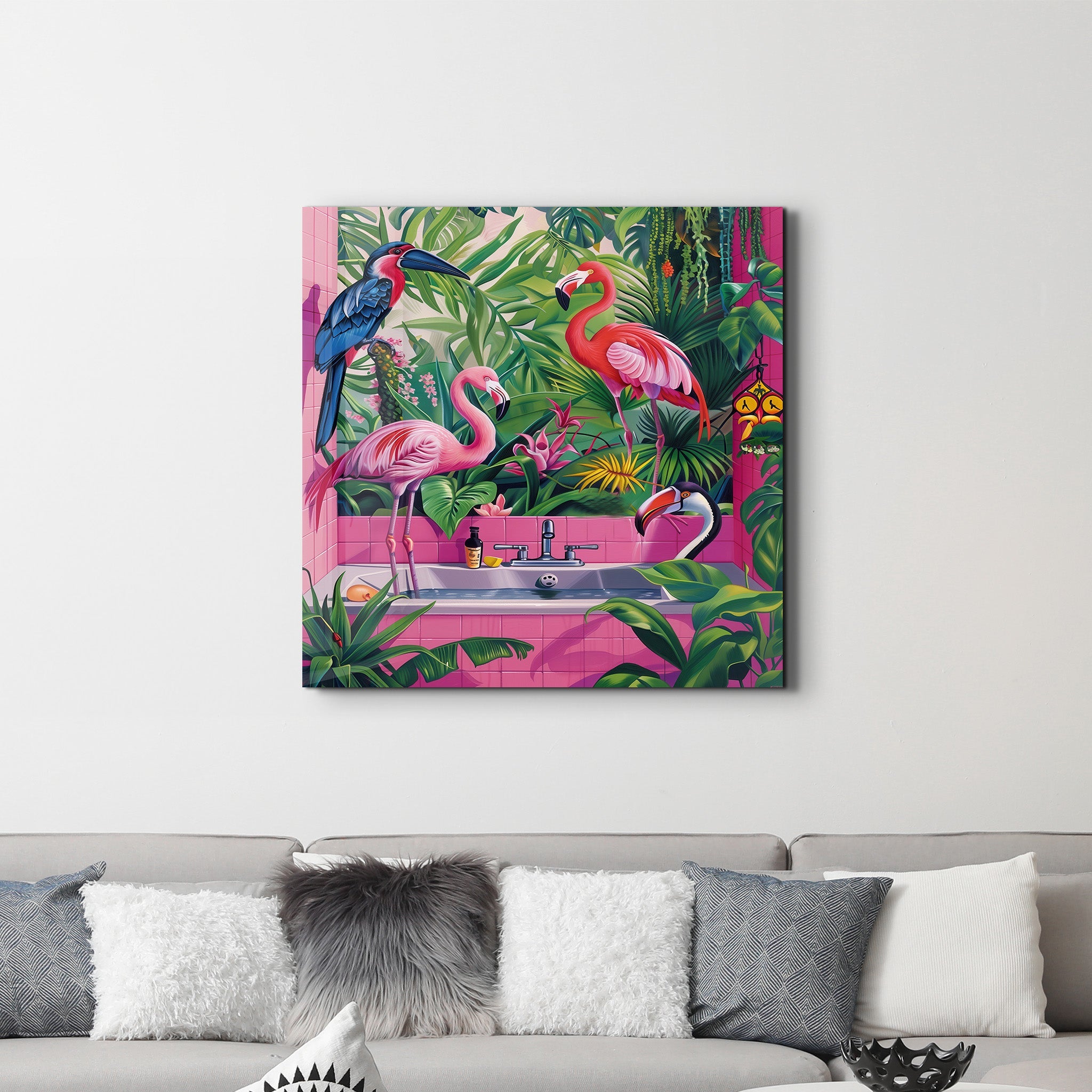 Tropical Bathroom and Flamingos | Glass Wall Art