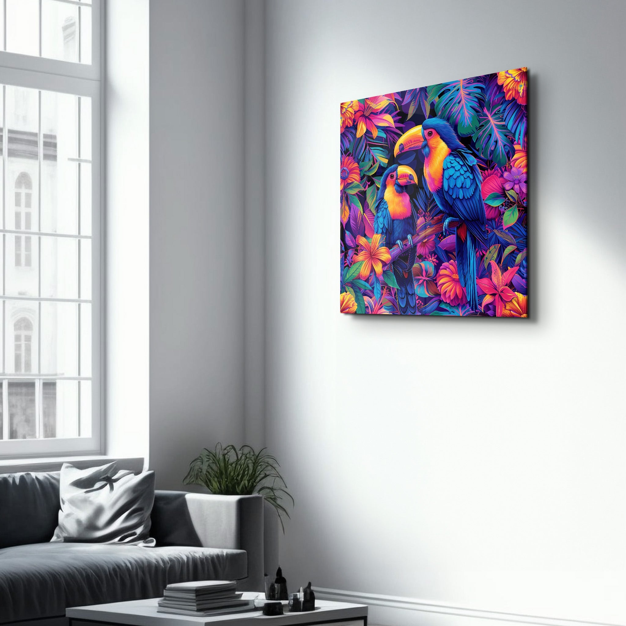 Rainbow Parrots | Glass Wall Art