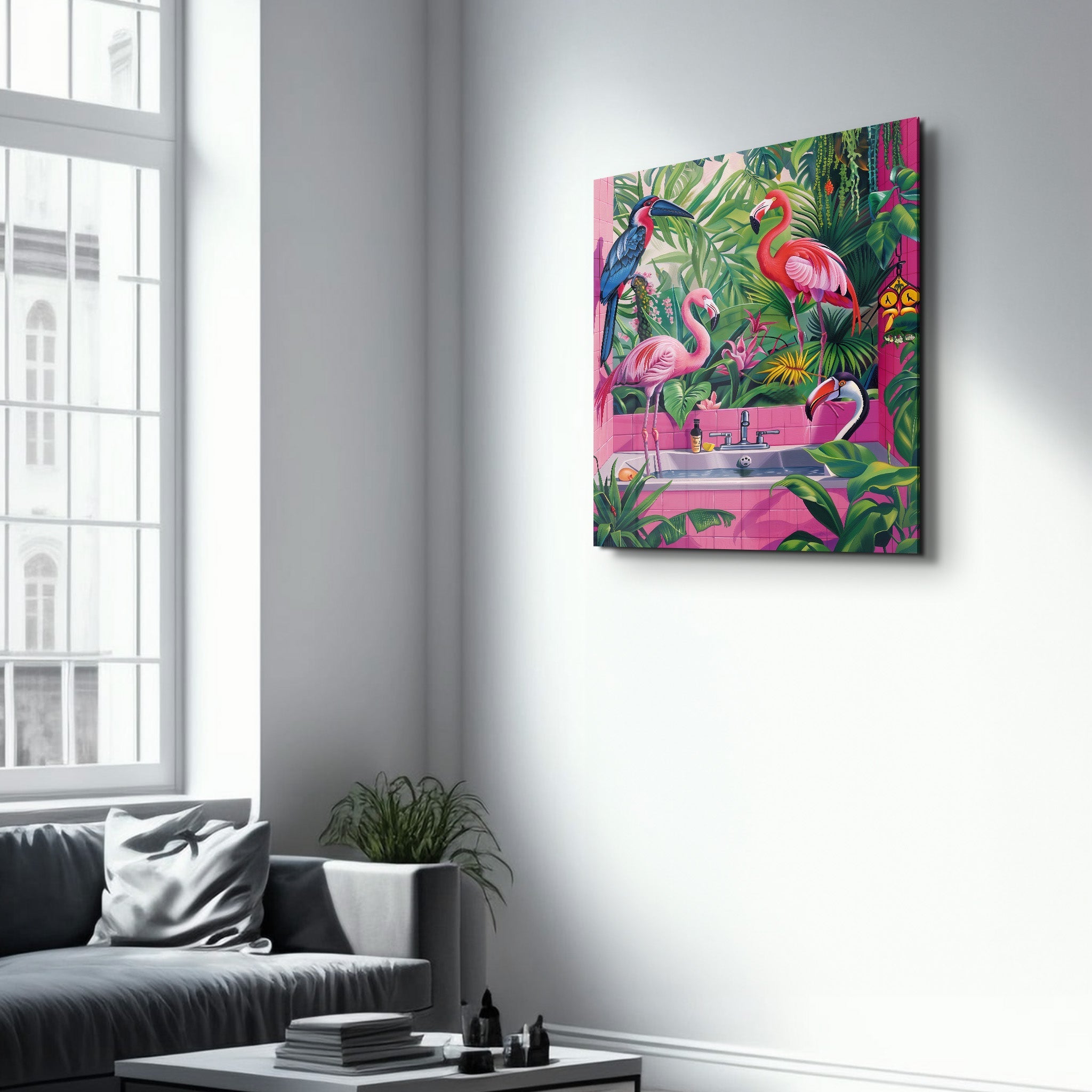 Tropical Bathroom and Flamingos | Glass Wall Art