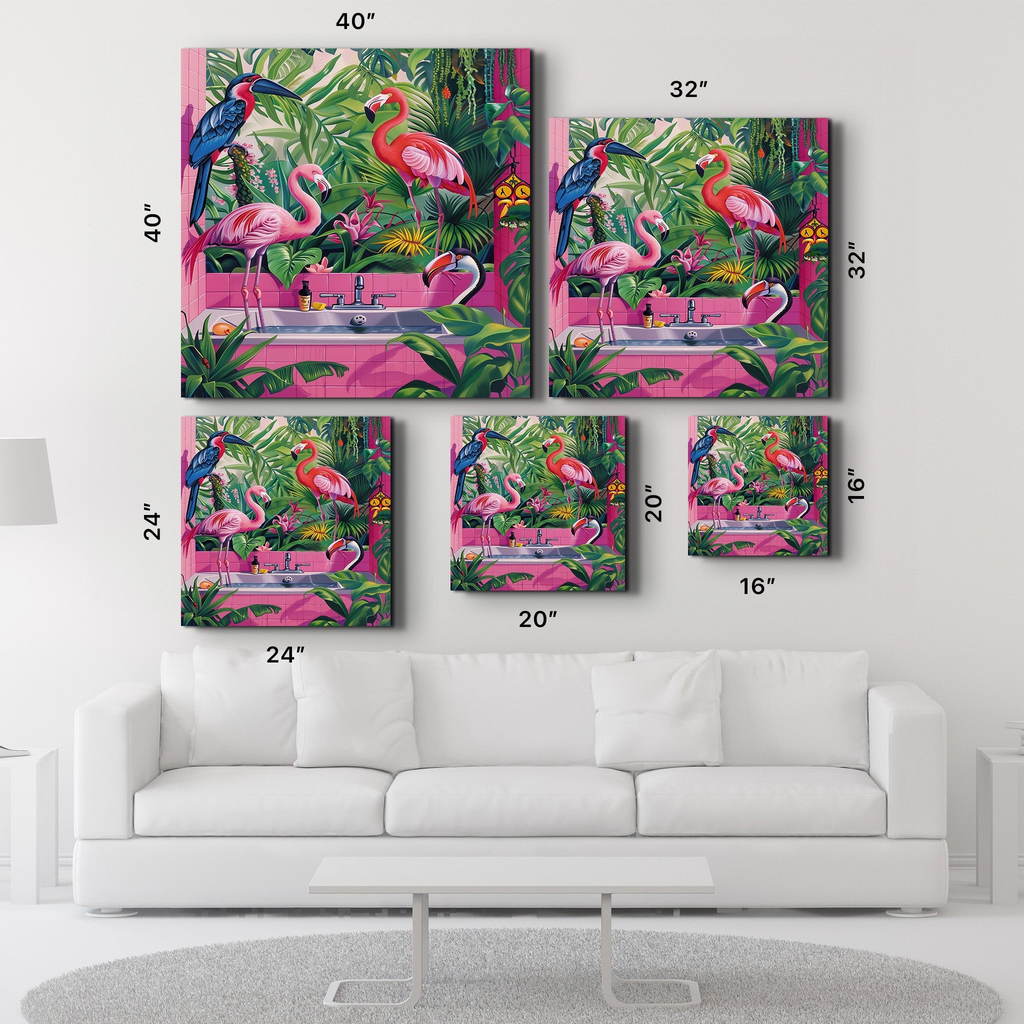 Tropical Bathroom and Flamingos | Glass Wall Art