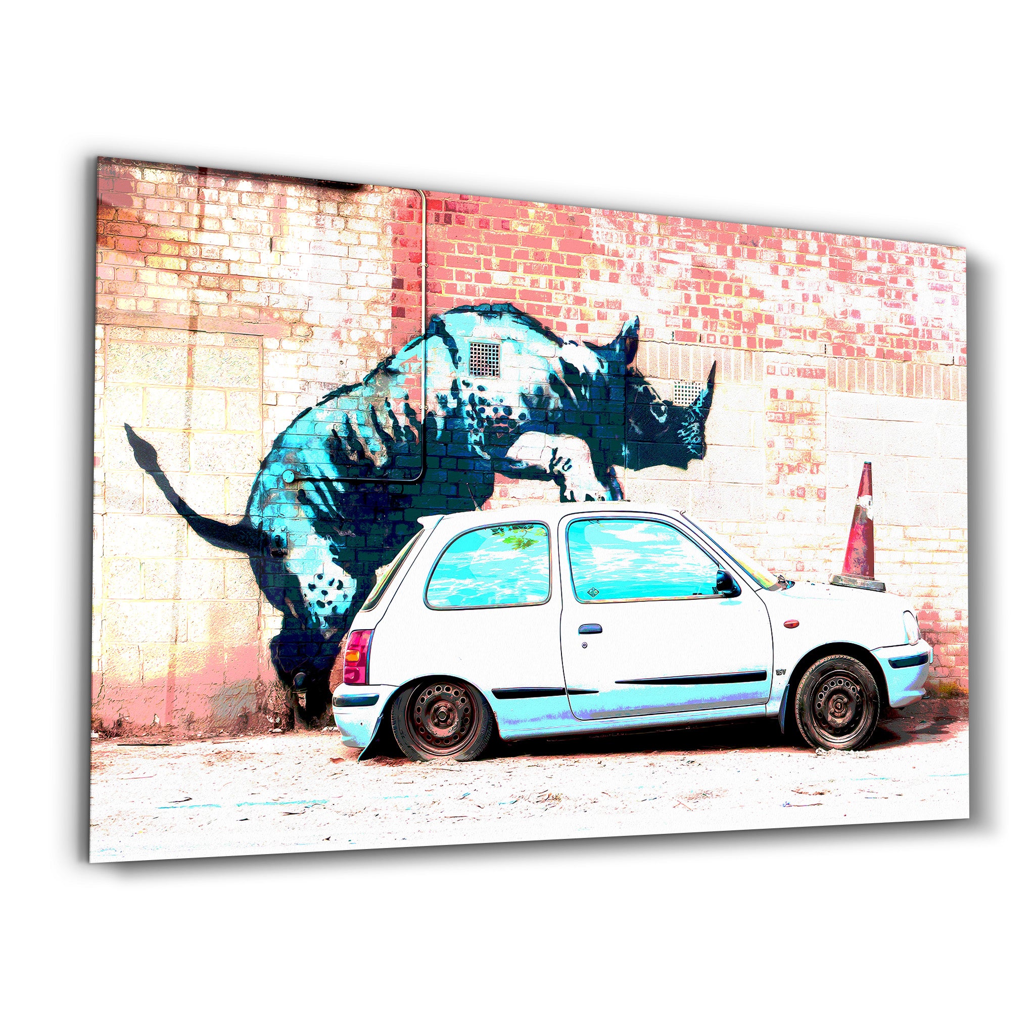 Banksy – Nashorn im Auto – <tc>Glasbild</tc>