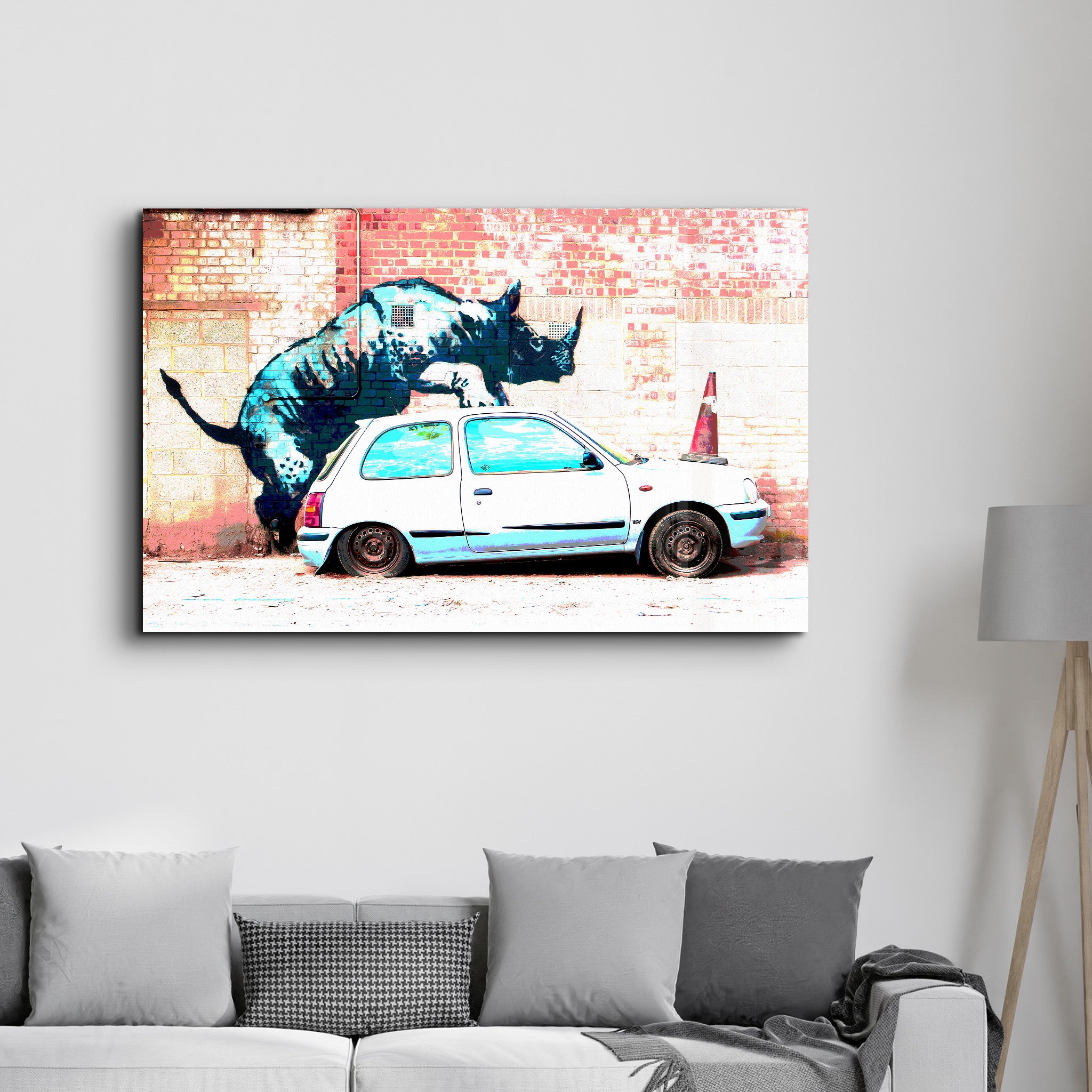 Banksy - Rhino on the Car - Glass Wall Art