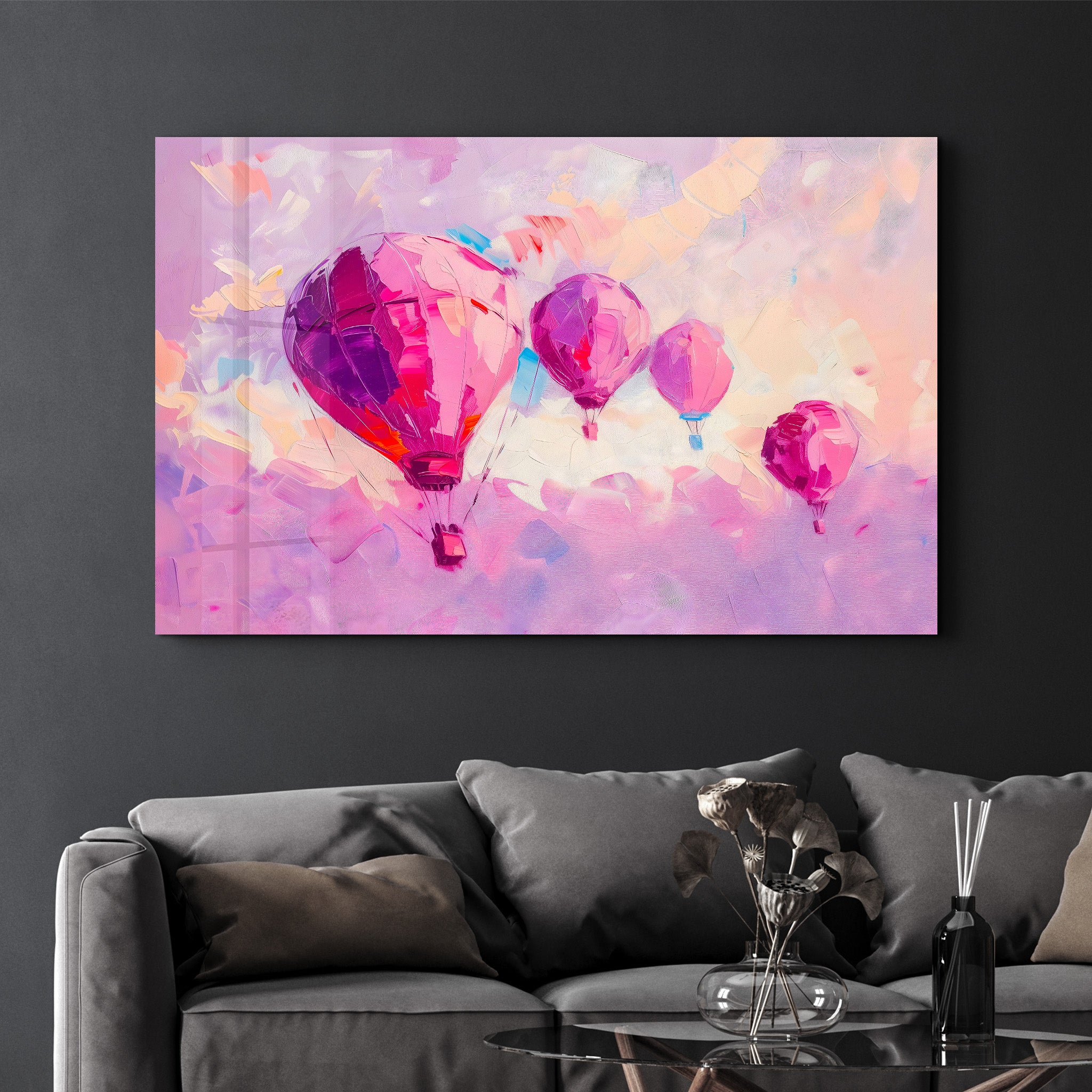 Pink Baloons Oil Painting - Glass Wall Art