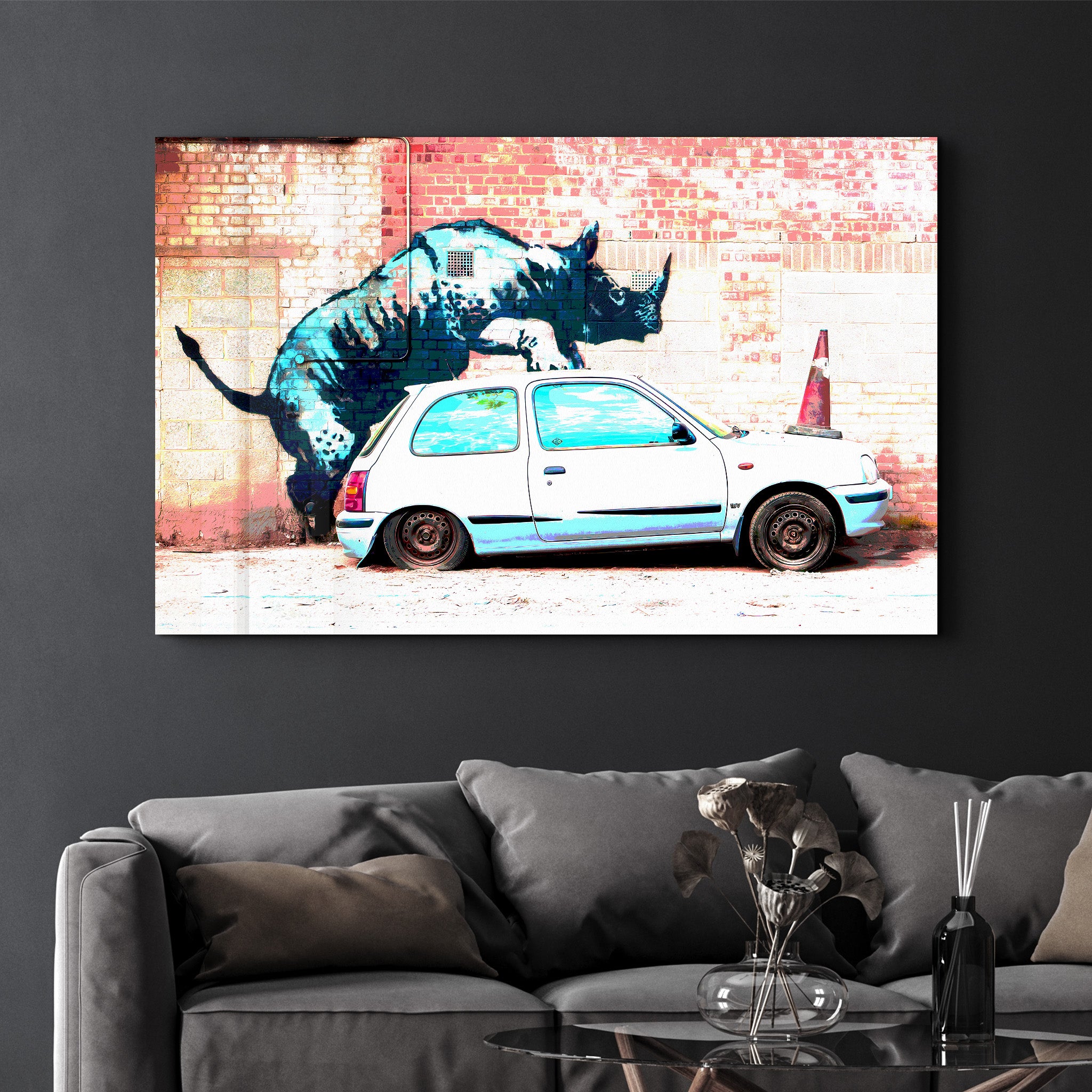 Banksy - Rhino on the Car - Glass Wall Art