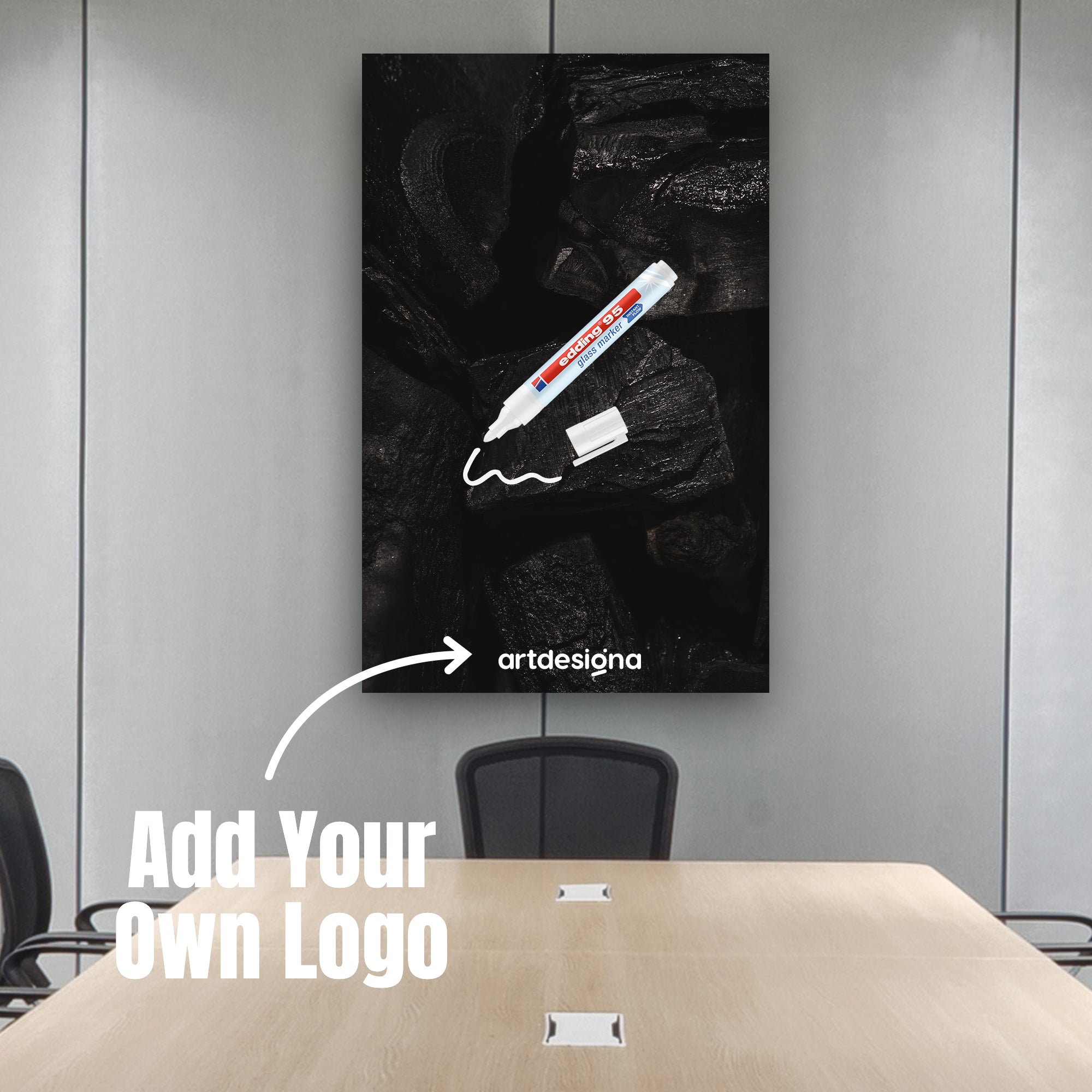 Maßgeschneiderte kreative Glastafel für Büro/Arbeitsplatz – 6 x Edding-Marker-Set im Lieferumfang enthalten