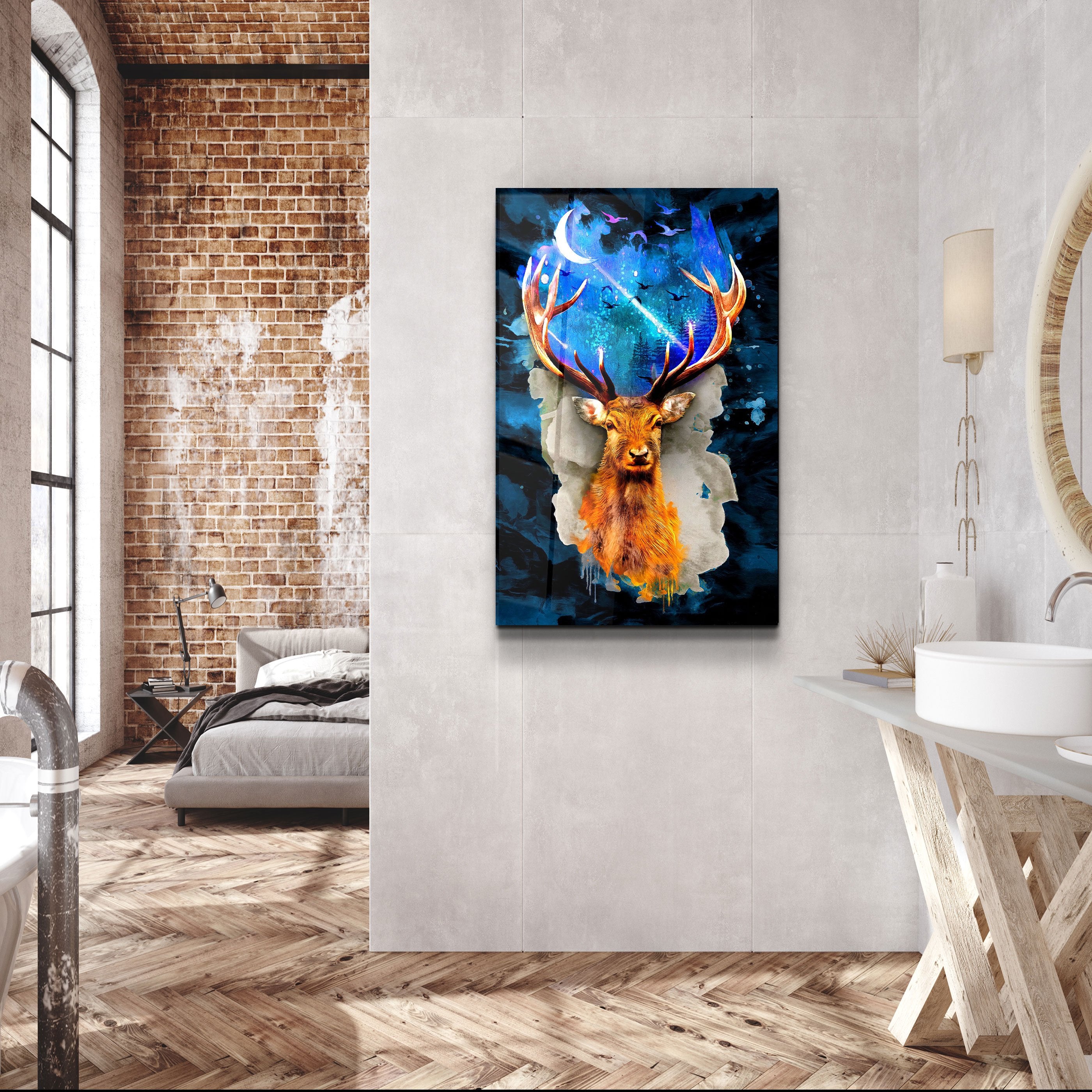 ・"Deer & Moon"・Glass Wall Art