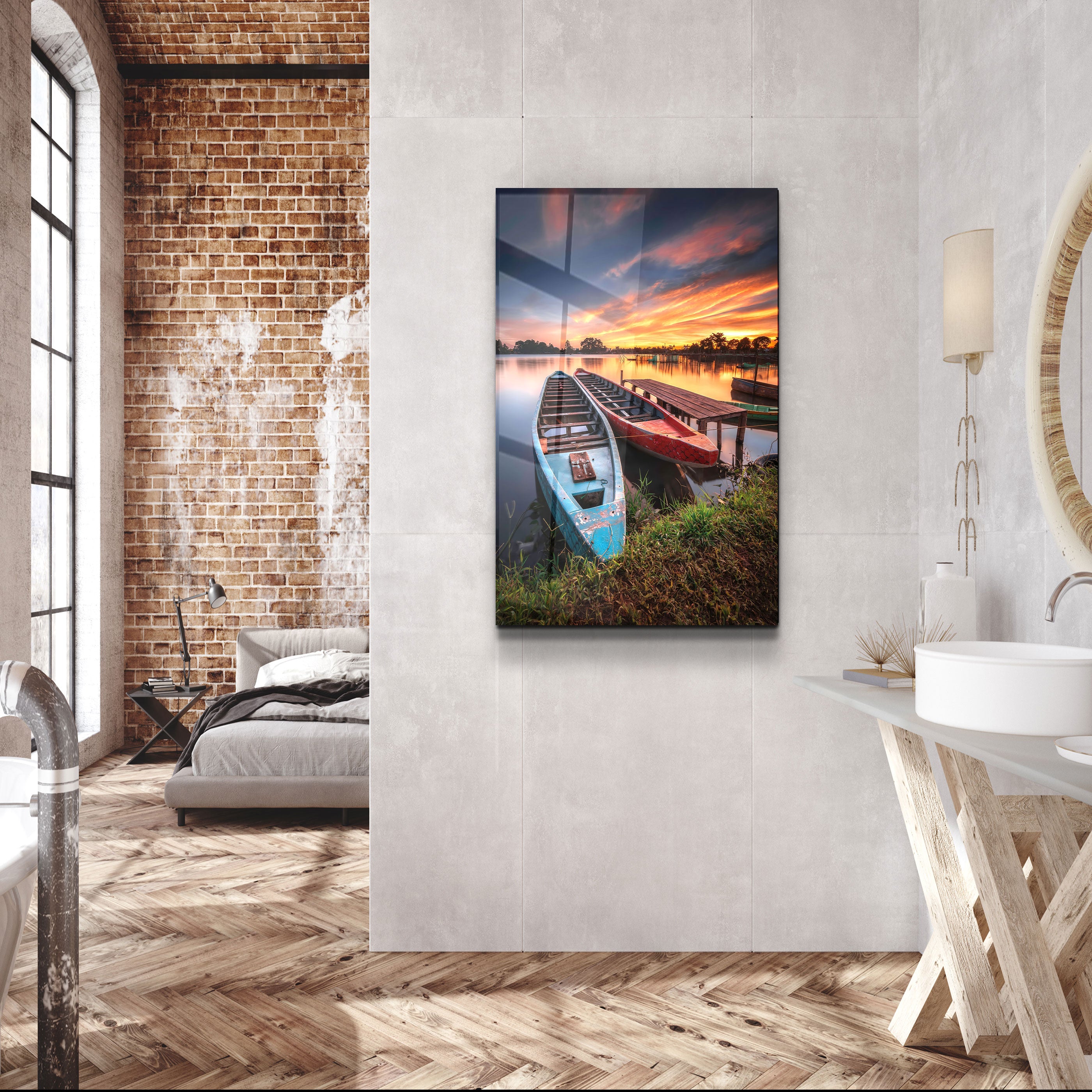 ・"Longboats With Sunset"・Glass Wall Art