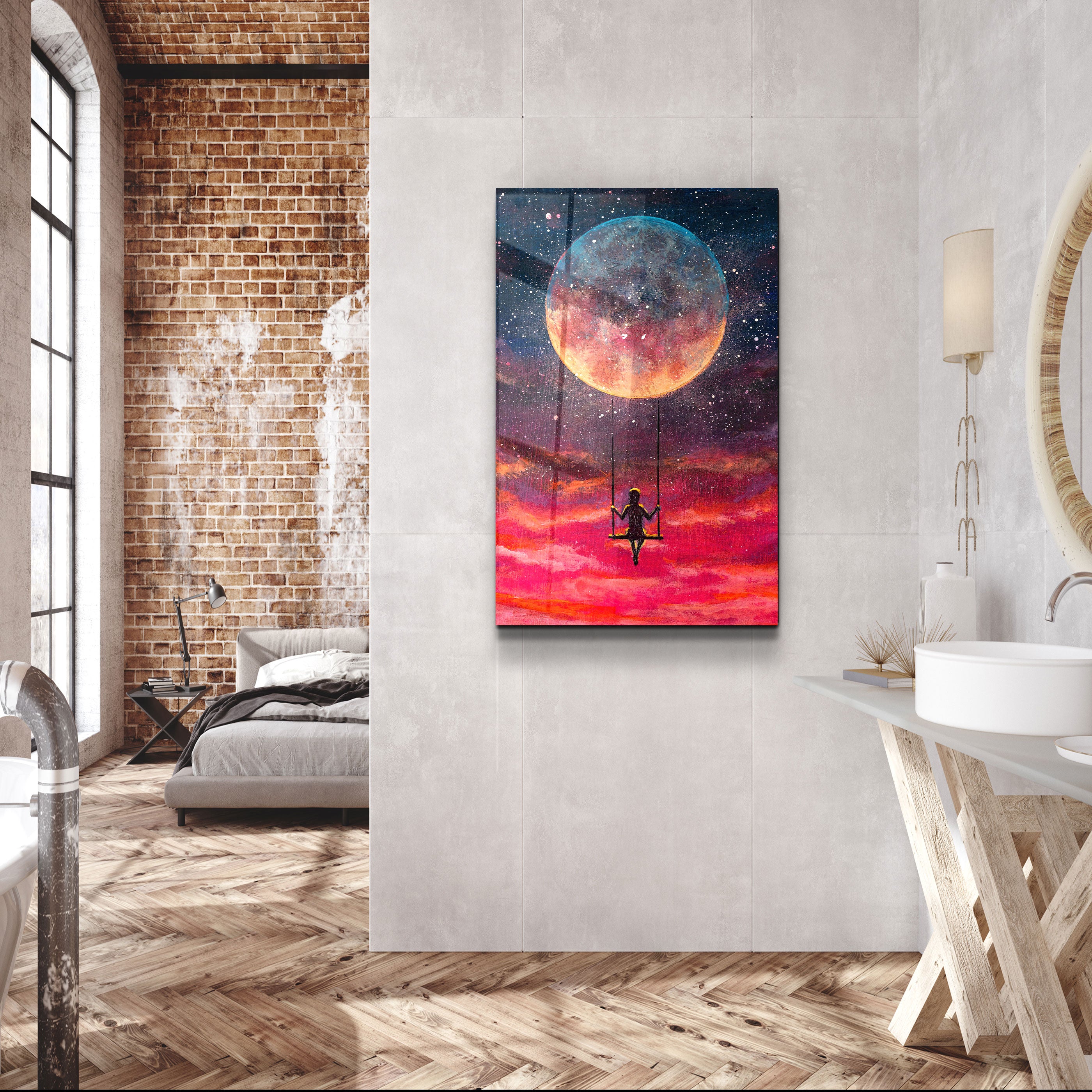 ・"Girl Swinging Under The Moon"・Glass Wall Art