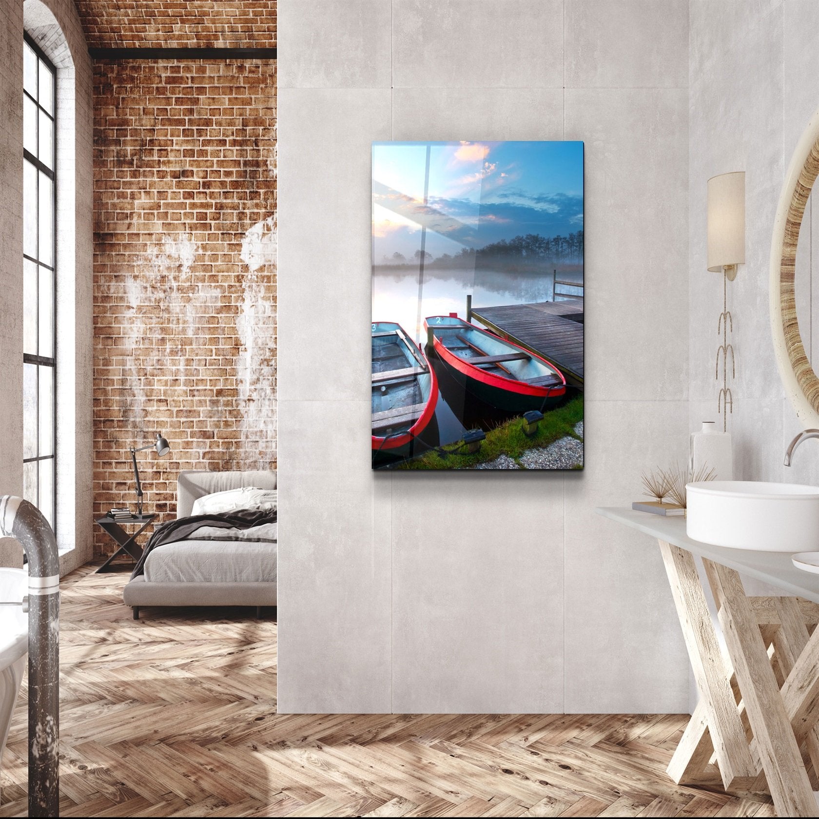 ・"Lake and Boat Landscape"・Glass Wall Art