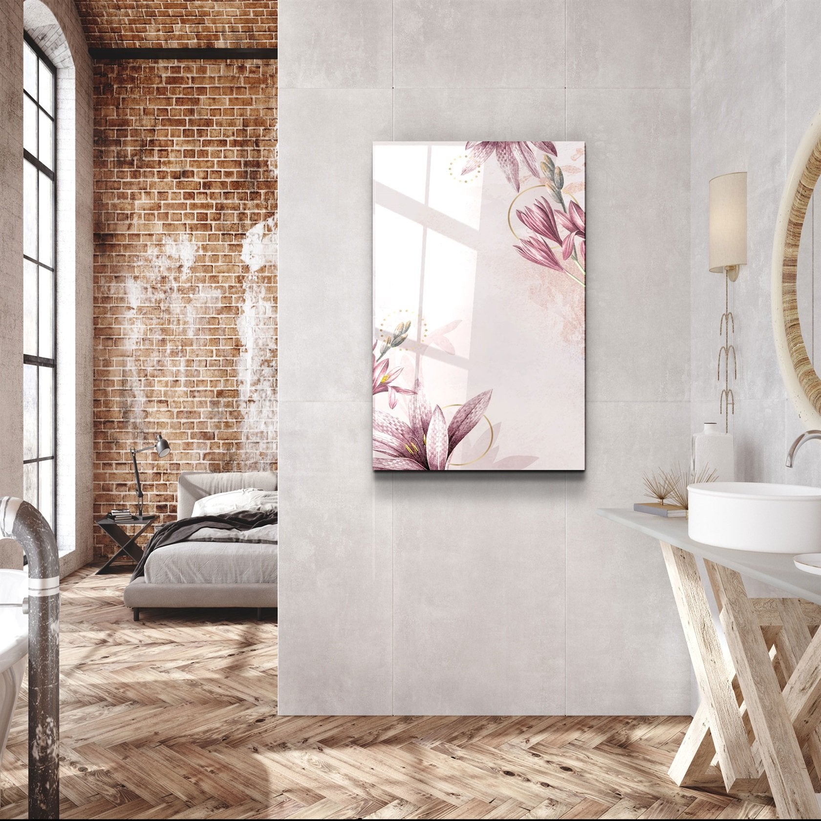 ・« Motif de fleurs roses »・Art mural en verre