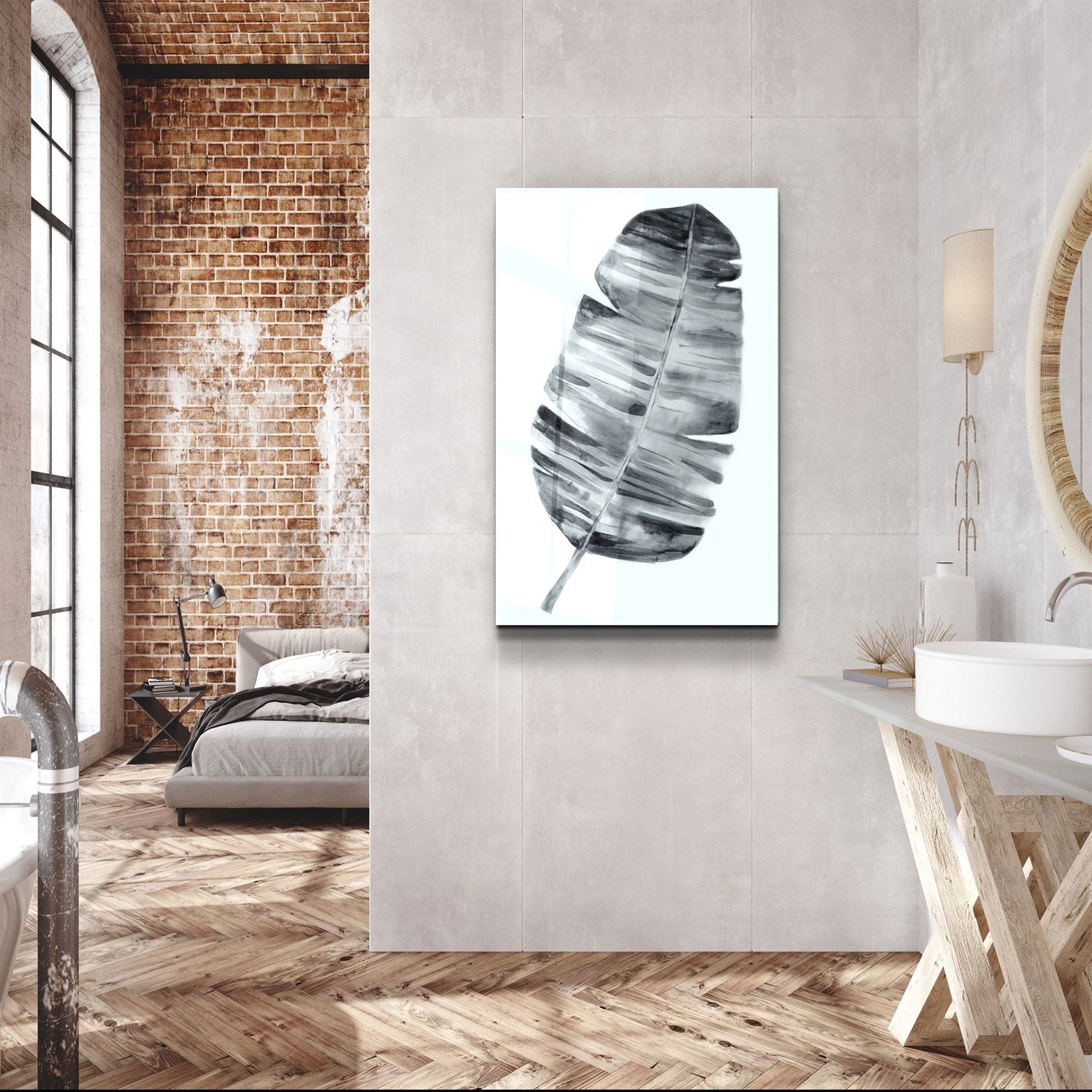 ・"Abstract Black and White Leaf"・Glass Wall Art