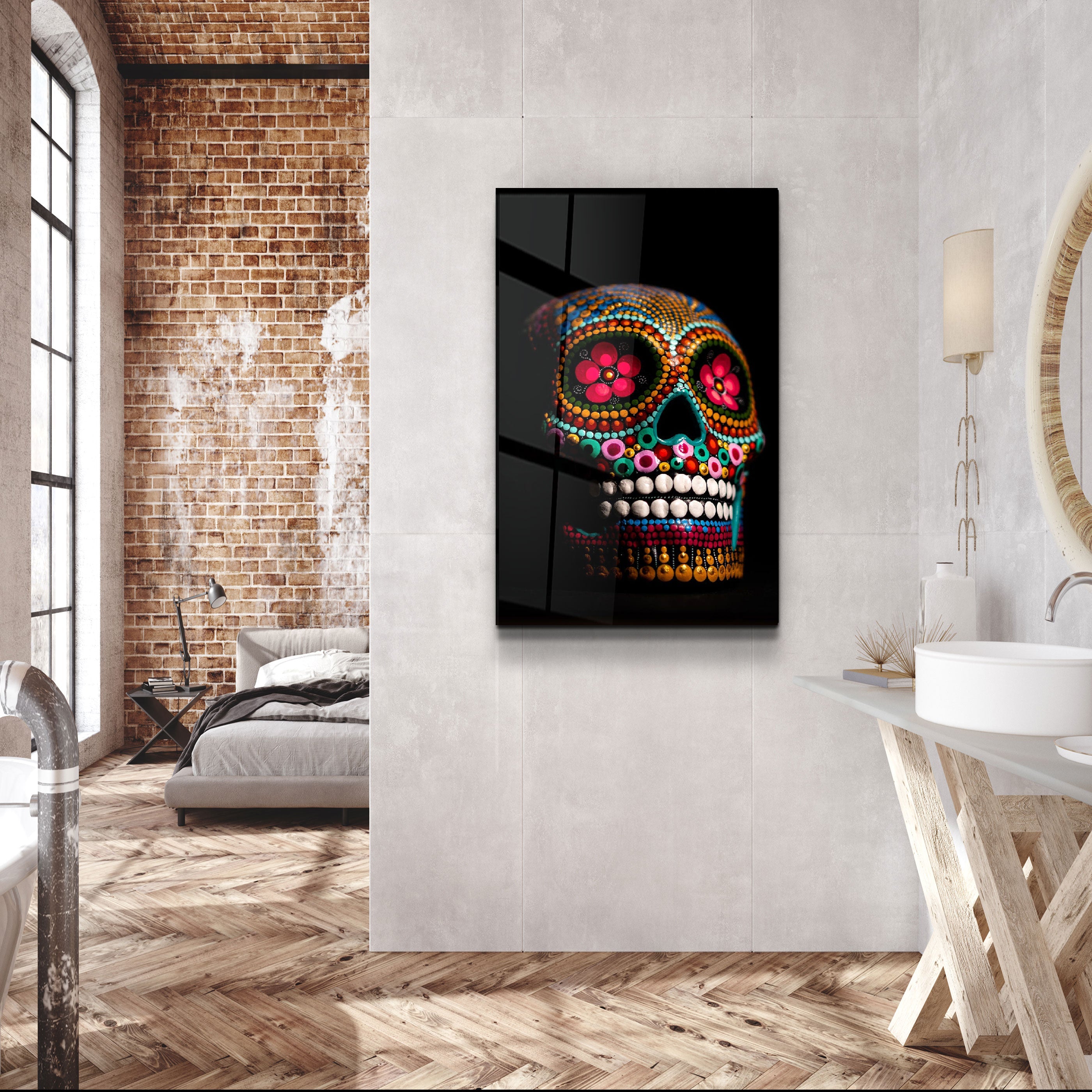 ・"Sugar Skull -Mexican Skull"・Designers Collection Glass Wall Art