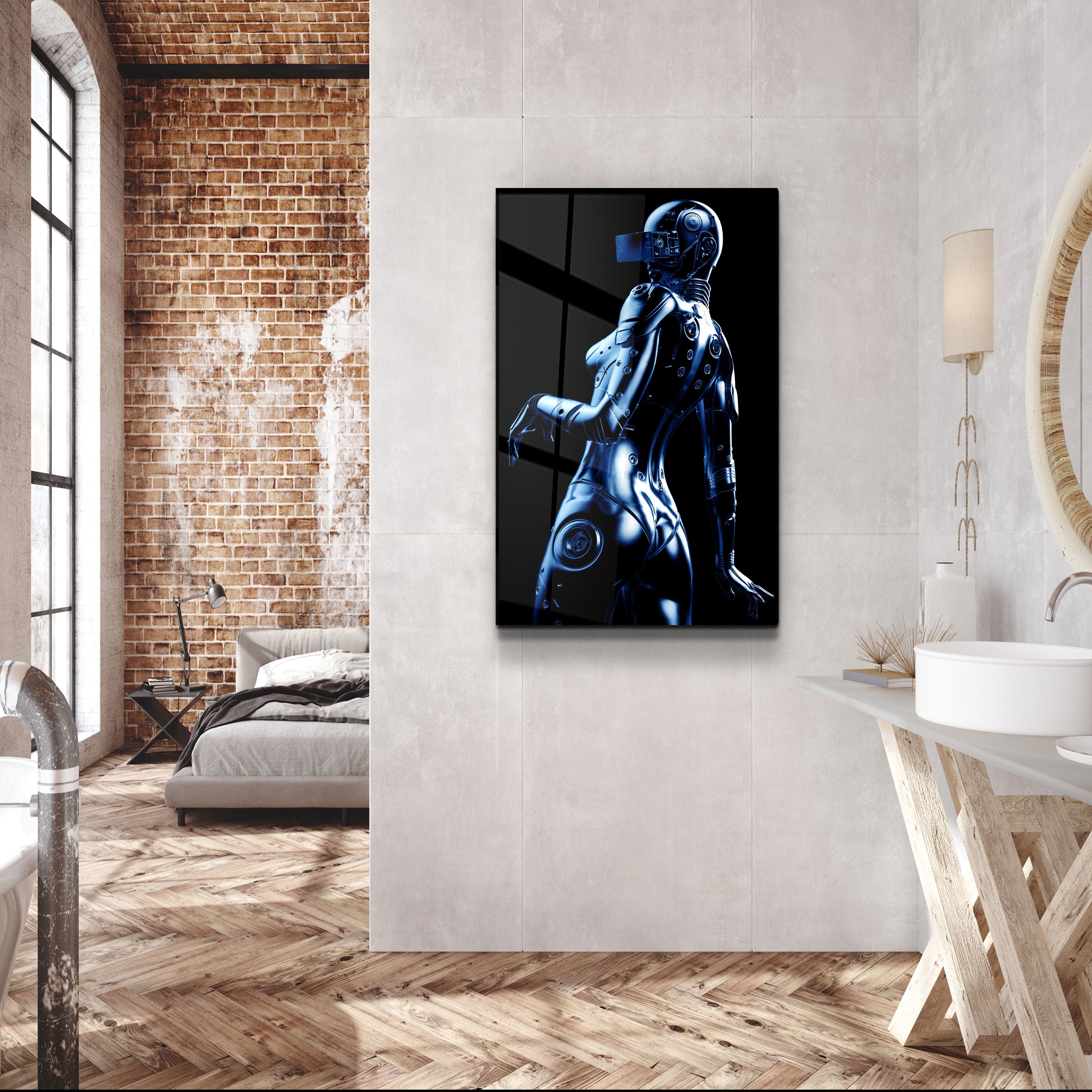 ・"Robo Girl Metalic Blue"・Art mural en verre de la collection du designer