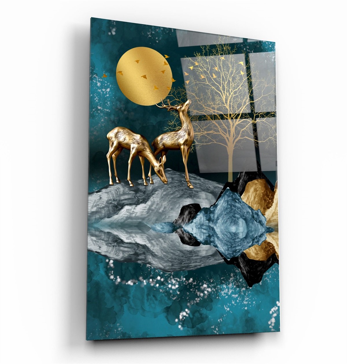 ・"Abstract Deer & Birds V2"・Glass Wall Art