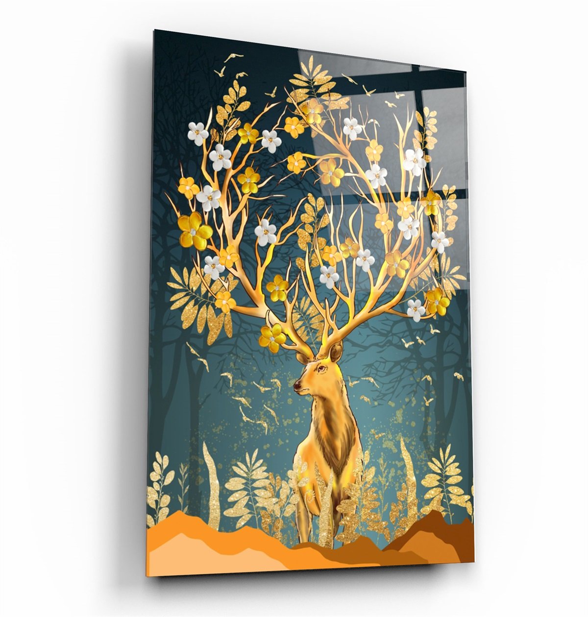 ・"Cerf abstrait et fleurs"・Art mural en verre