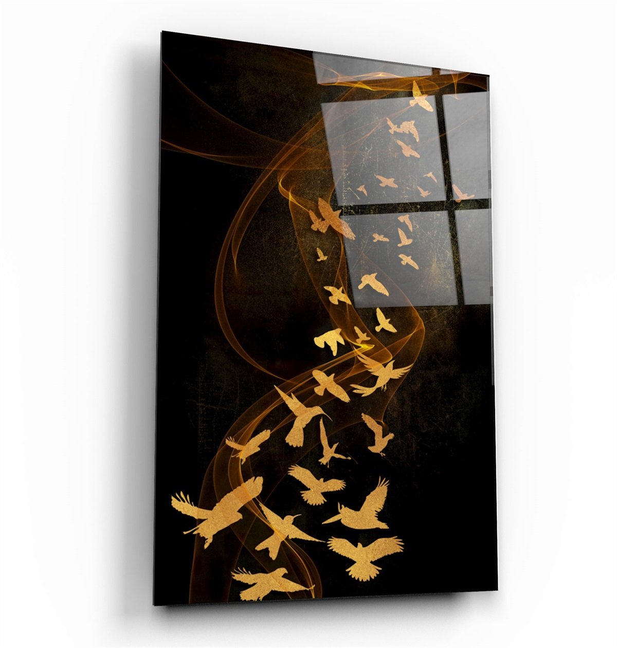 ・"Abstract Yellow Birds"・Glass Wall Art