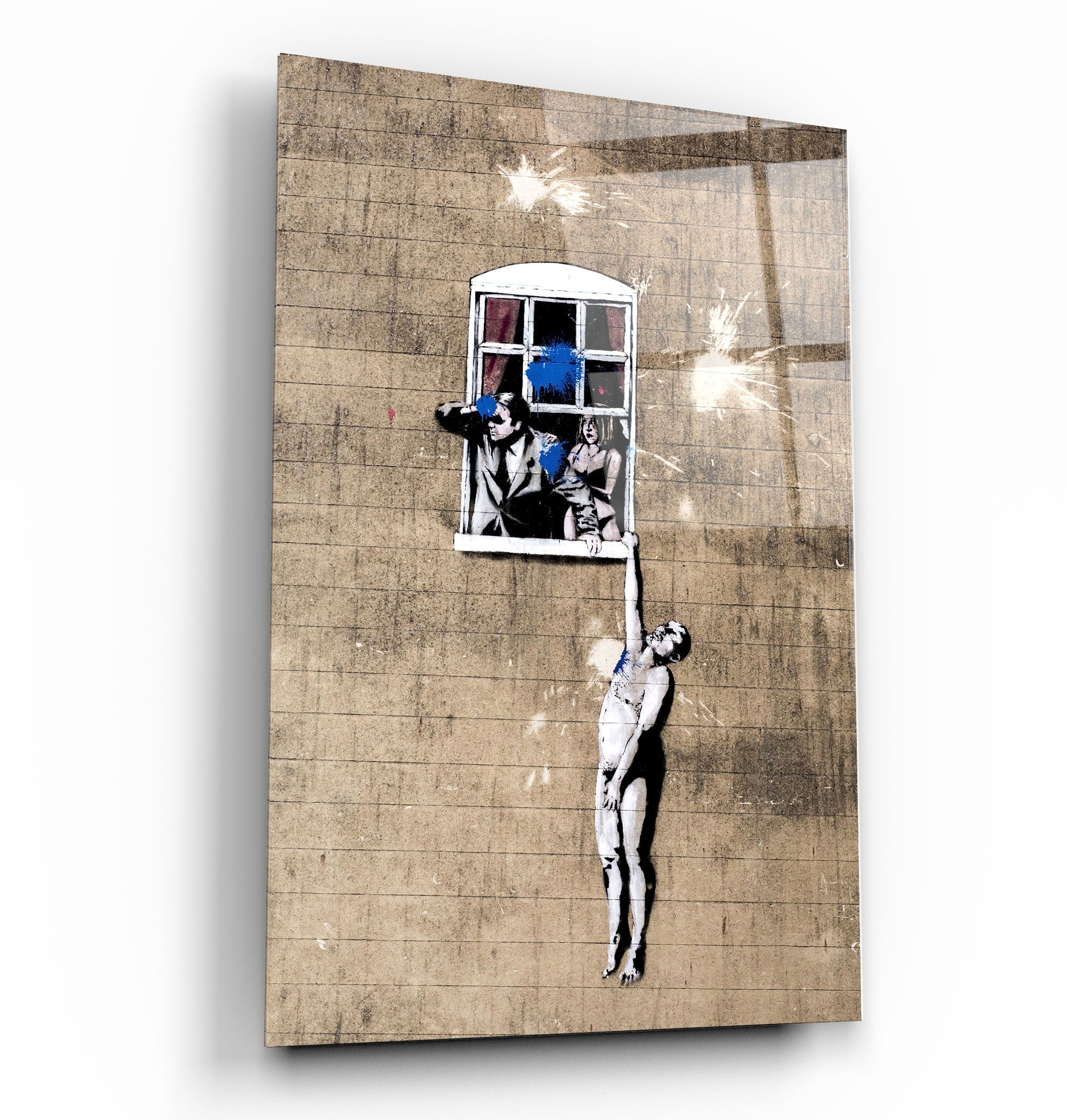 ・"Banksy - Man hanging from a window"・Glass Wall Art
