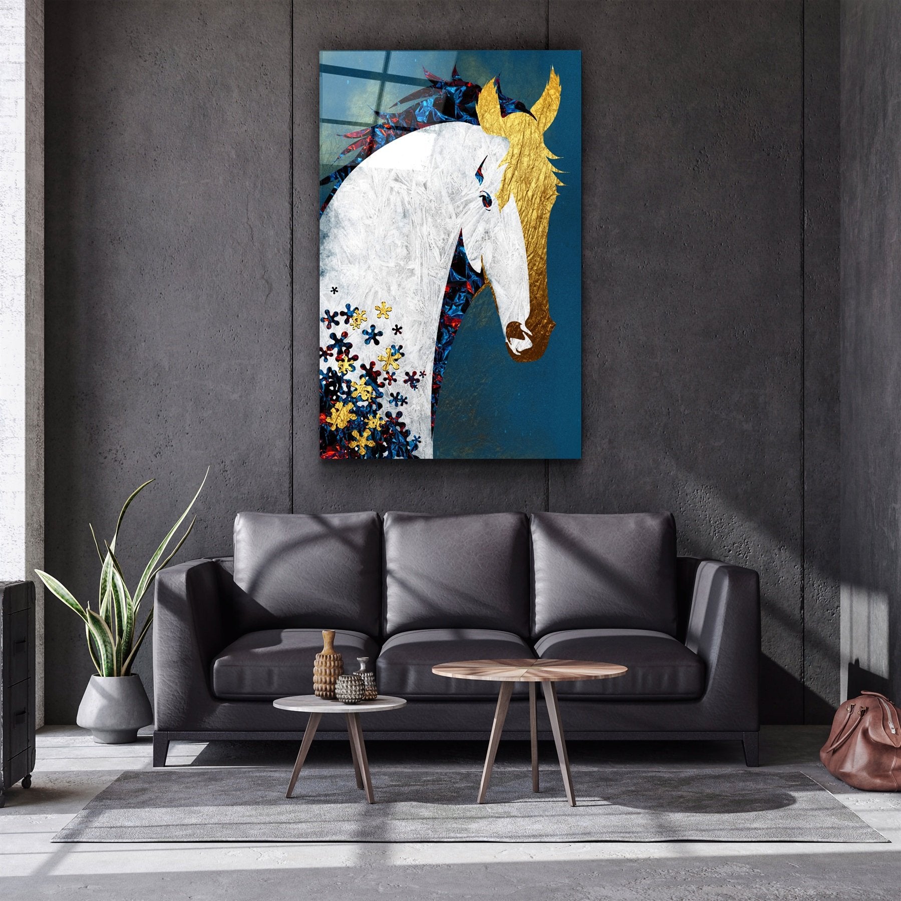 ・« Cheval de puzzle abstrait »・Art mural en verre