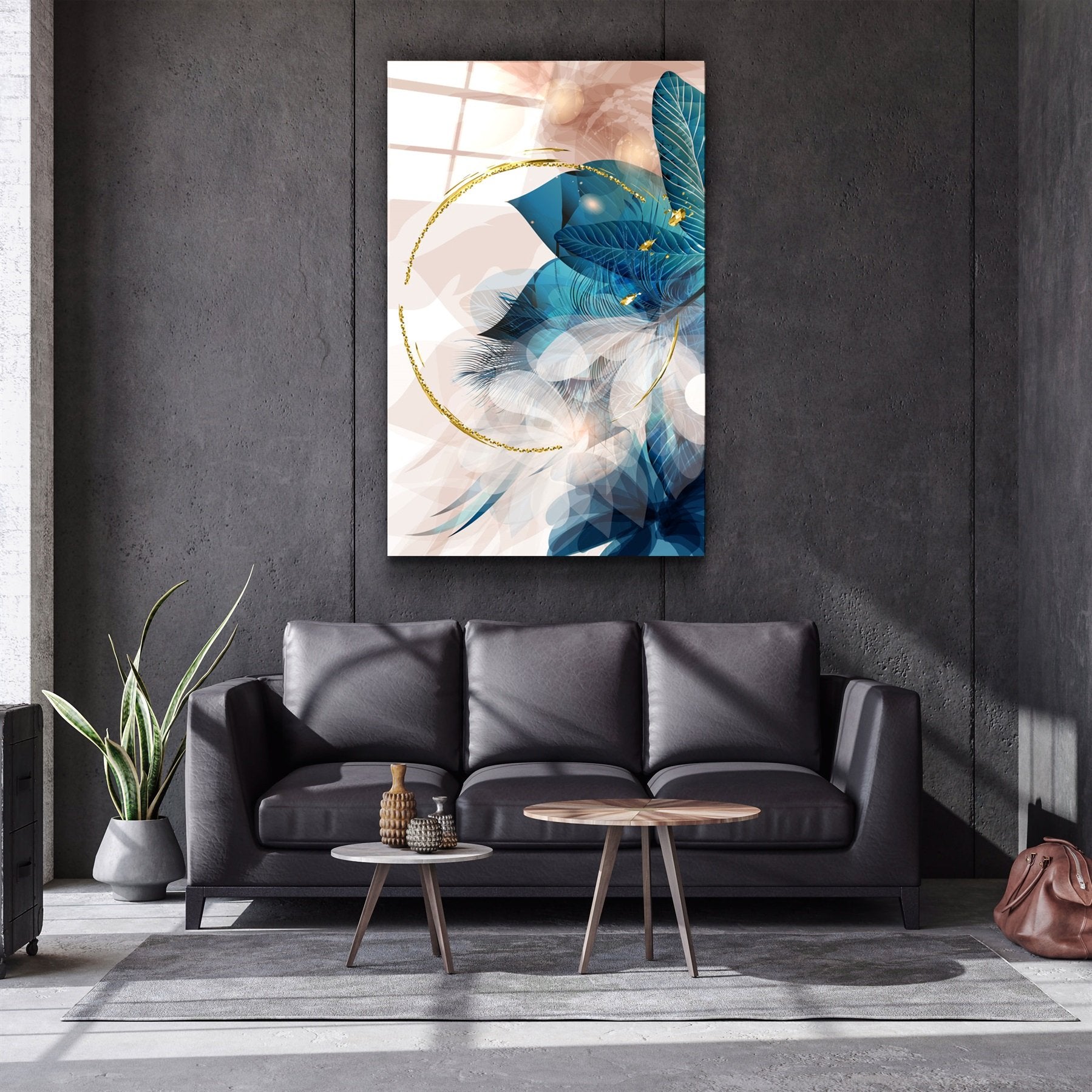 ・"Abstract Blue Leaves"・Glass Wall Art