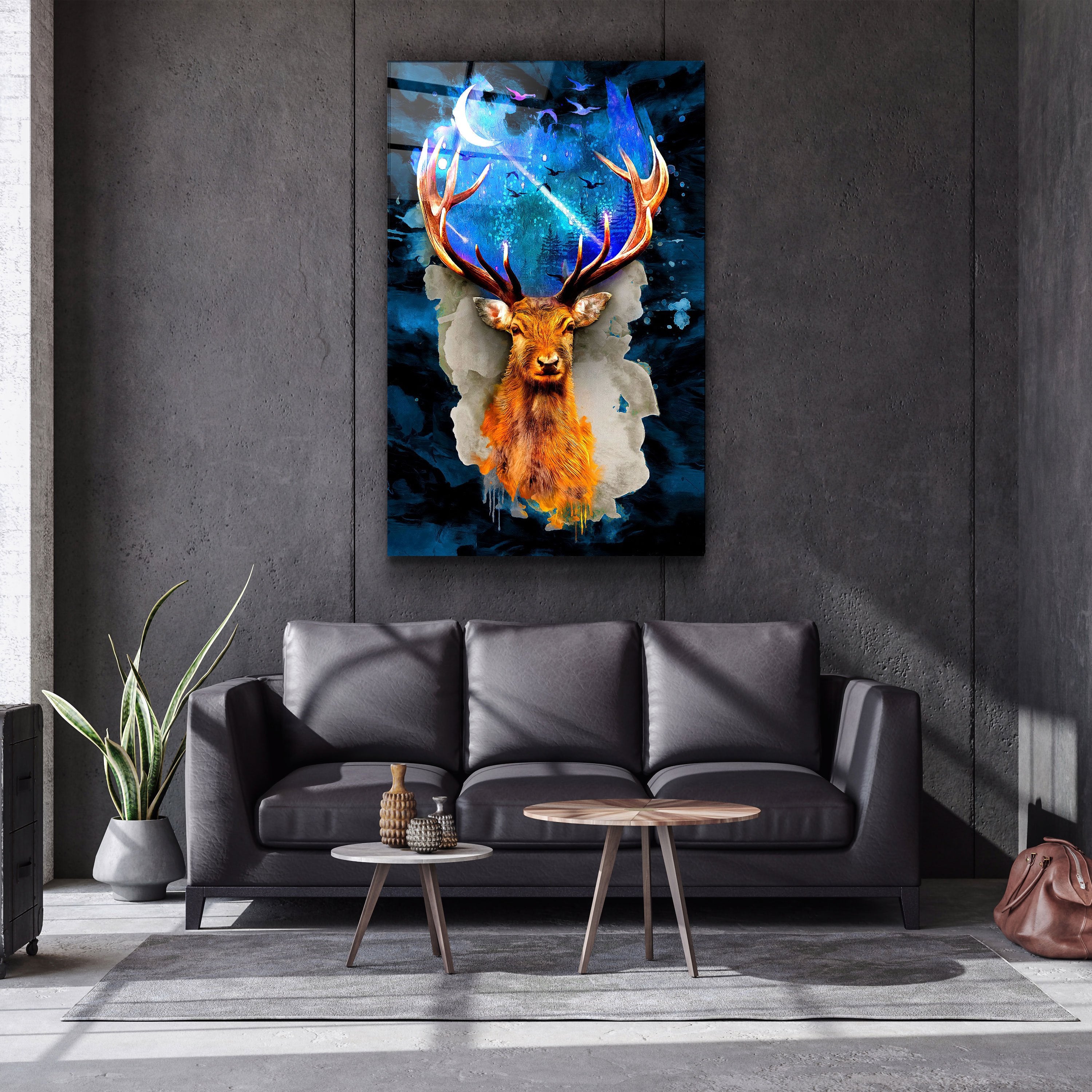 ・"Deer & Moon"・Glass Wall Art